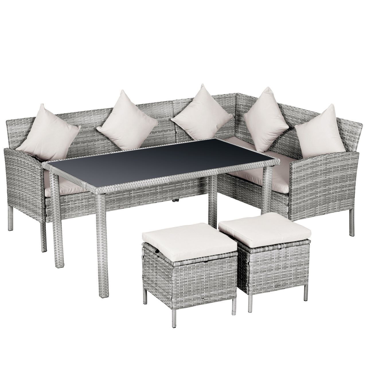 Outsunny 5-tlg. Gartenmöbel Set Rattan Sitzgruppe mit Fußhocker Metall Grau 134 x 60 x 75 cm