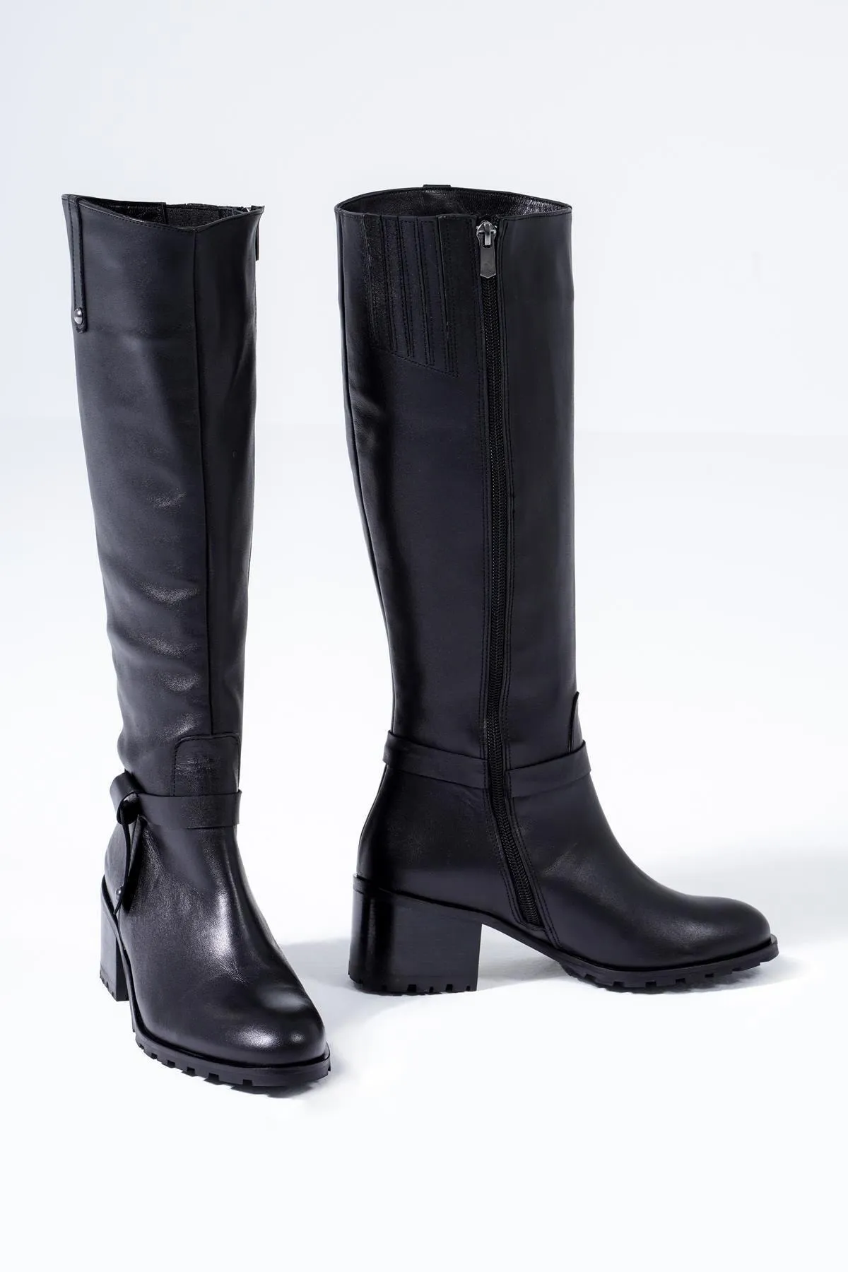 CZ London  Damenstiefel aus echtem Leder mit Absatz, Nieten, Schleife, langer Reißverschluss