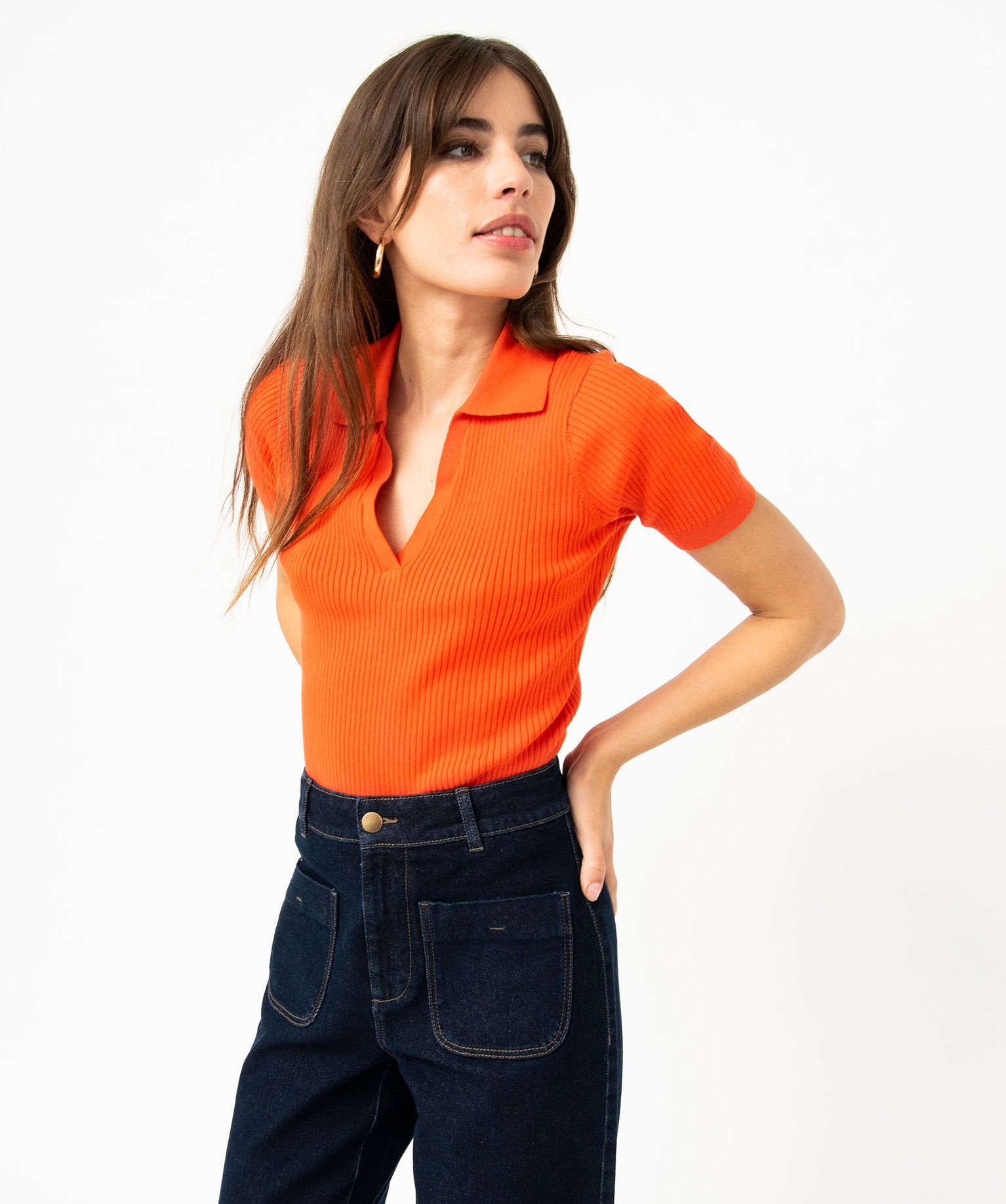 Pull à manches courtes et col V femme rouge | GEMO
