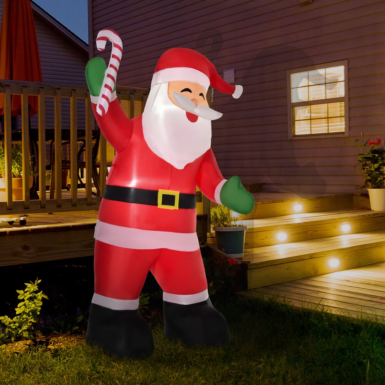 HOMCOM Aufblasbarer Weihnachtsmann mit Zuckerstange 243 cm LED mit Gebläse Weihnachts-Party Weihnachtsdekoration Weiß Rot Grün 160 x 85 x 243 cm