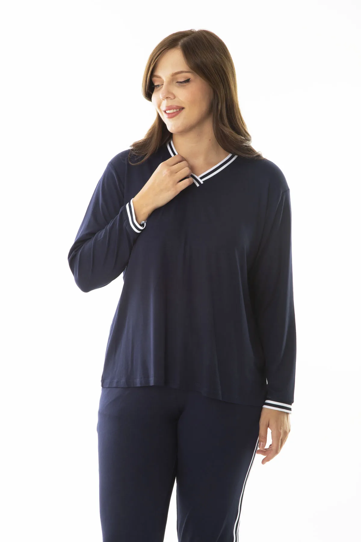 Şans  Damen-Trainingsanzug, große Größe, marineblau, gerippt, langärmelig, Bluse, Hose, 65N36972