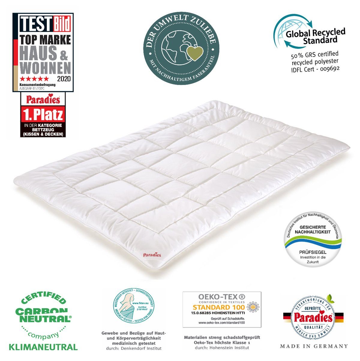 Kunstfaserbettdecke, Paradies Vida Bio Organic Ganzjahresbett warme Bettdecke 135x200, Paradies, Füllung: Paradies Softcell Fasertechnologie für dauerhaft bauschiges Volumen, 80% Polyester (50% recycled), 20% Lyocell, Bezug: 100% Bio- Baumwolle, Klim
