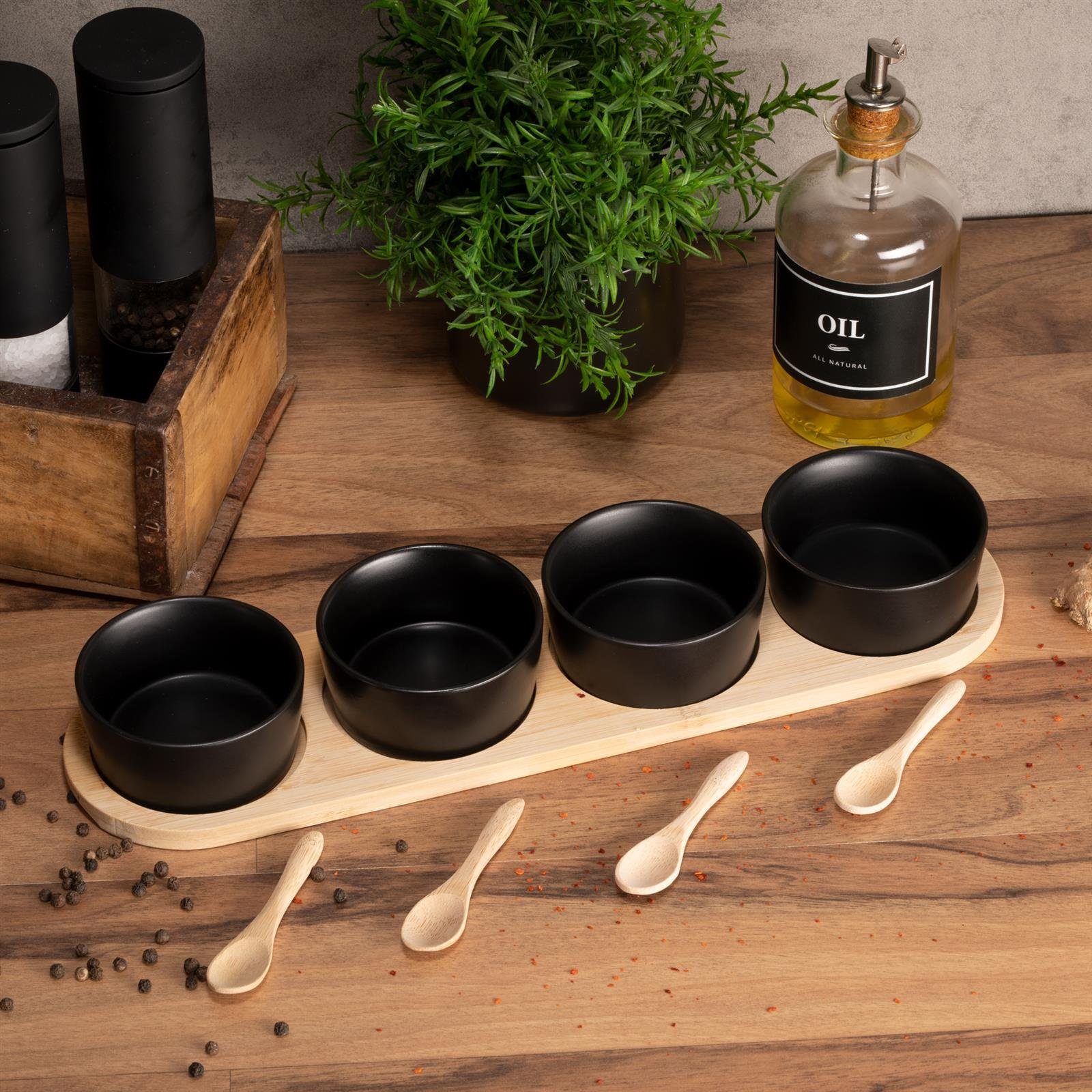 Moritz & Moritz Servierschale Schalen Set inkl. Löffel & Servierbrett, Bambus, Keramik, (Set, 9-tlg), Als Tapas Schalen und Dip Schälchen