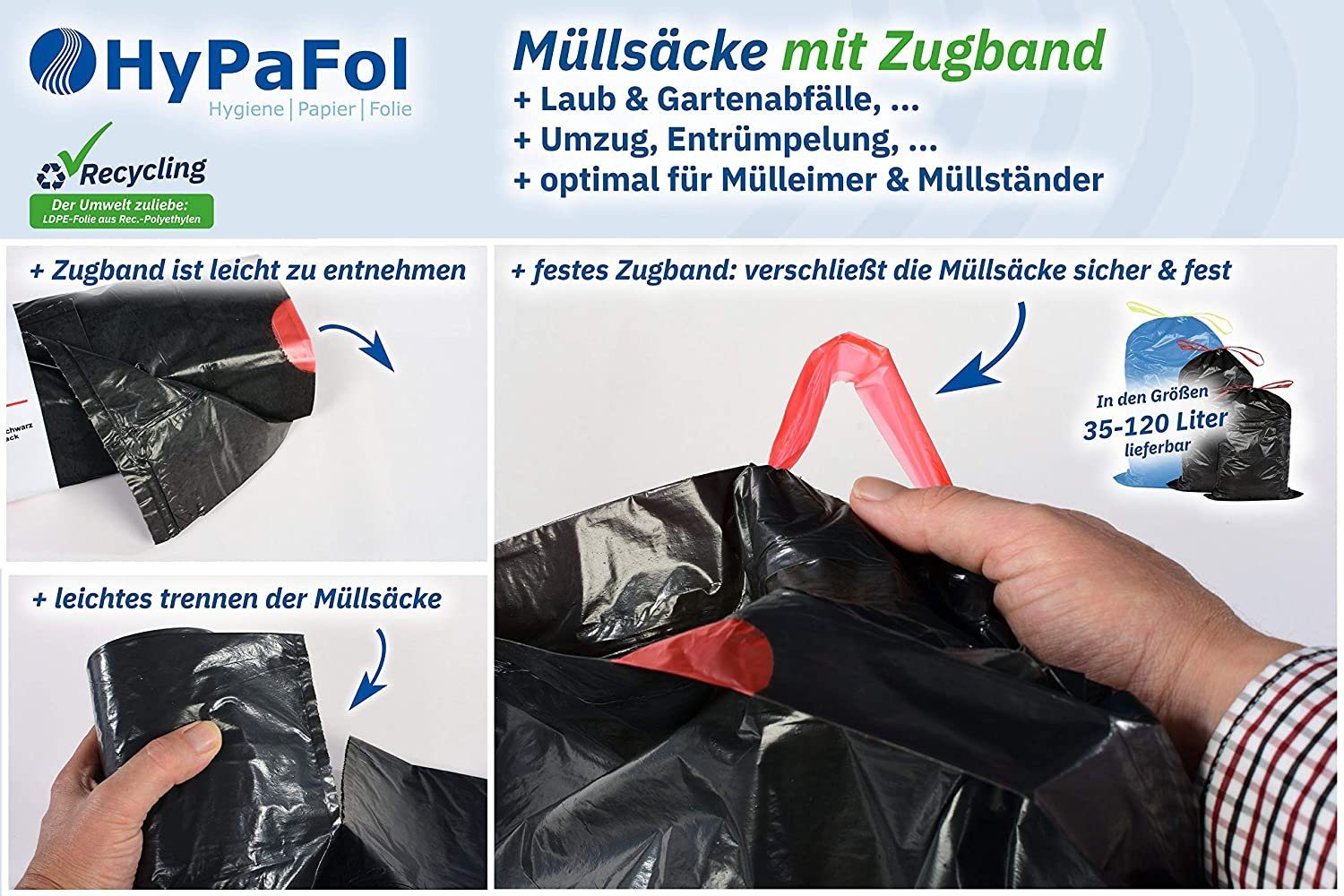 Hypafol Müllbeutel Typ 60 mit Zugband, 35 - 60 Liter I stabil & reißfest