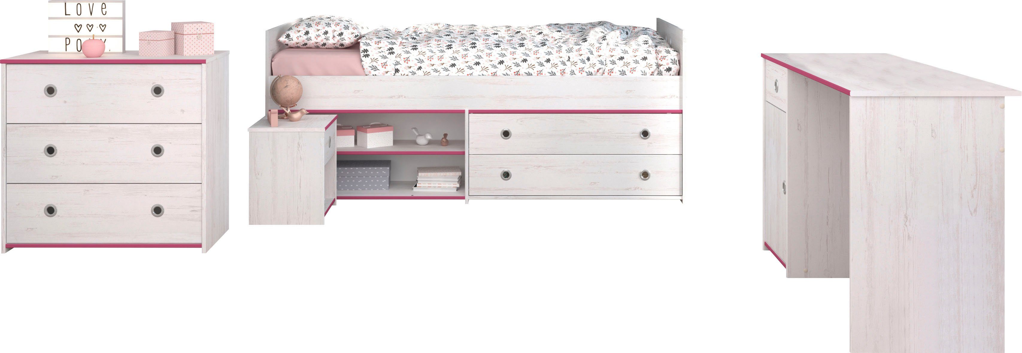 Parisot Jugendzimmer-Set Smoozy, (4-St., Stauraumbett, Nachttisch, Schreibtisch und Schubkastenkommode)