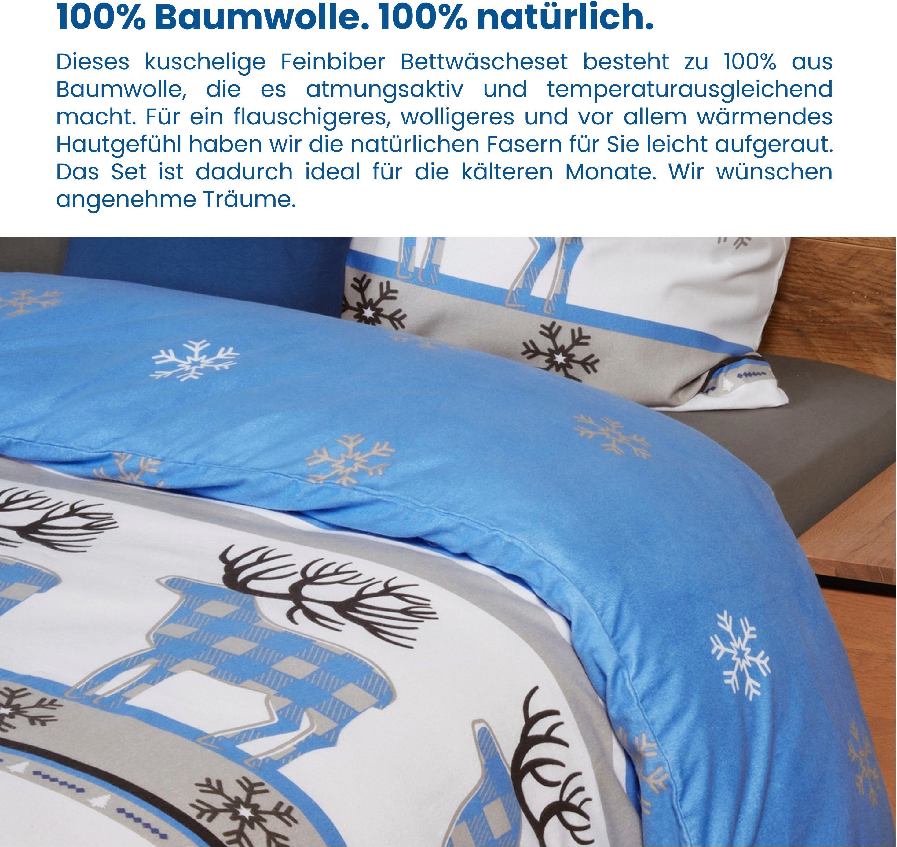 Bettwäsche Verda, Schiesser, Feinbiber, 2 teilig, winderliches Elch-Design