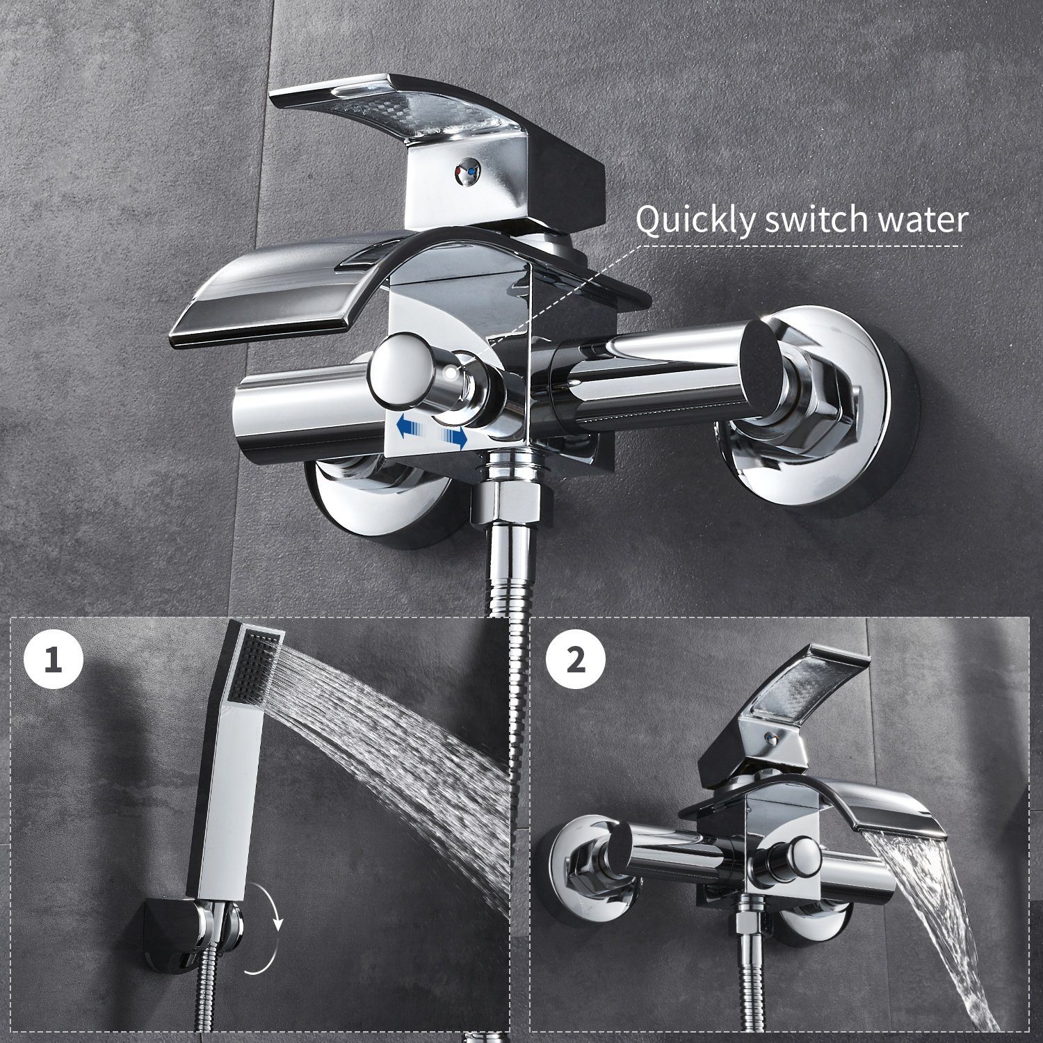 Auralum Brausegarnitur Wasserfall Badewannenarmatur Handbrause Wannenarmatur Duscharmatur, Messing Einhebel-Wannenarmatur Badarmatur Duschset