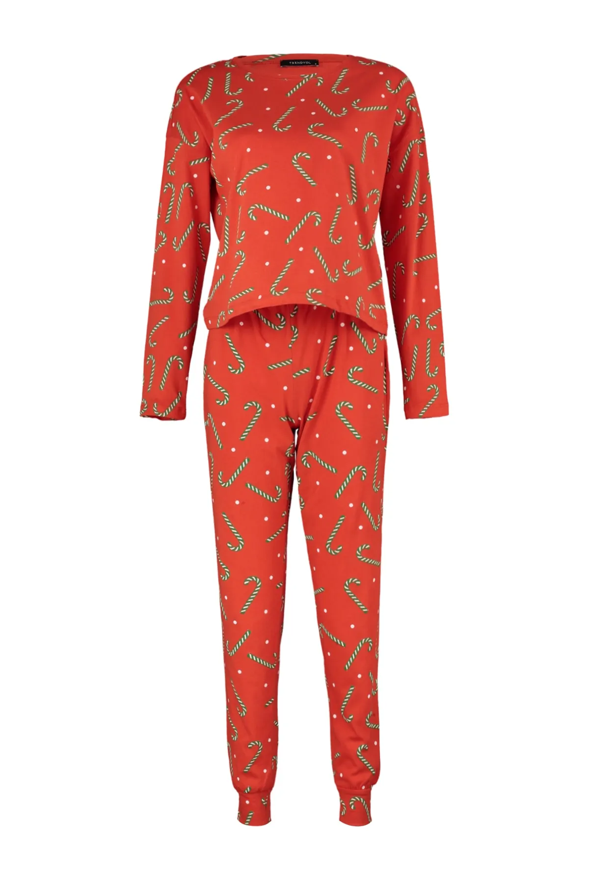 Trendyol Collection  Rotes T-Shirt-Jogger-Strickpyjama-Set aus 100 % Baumwolle mit Neujahrsmotiv THMAW21PT0771