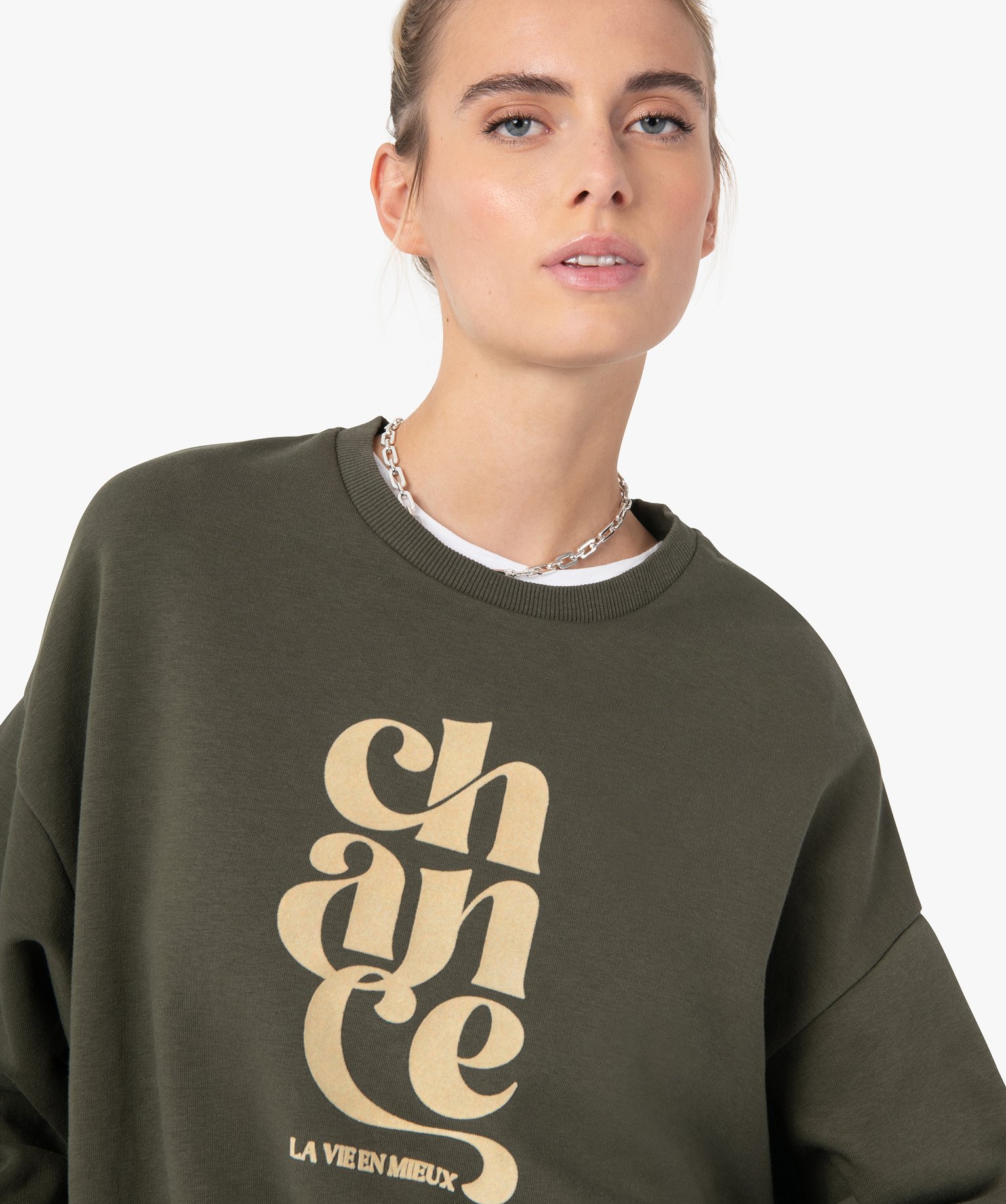 Sweat femme court avec inscription XXL kaki | GEMO