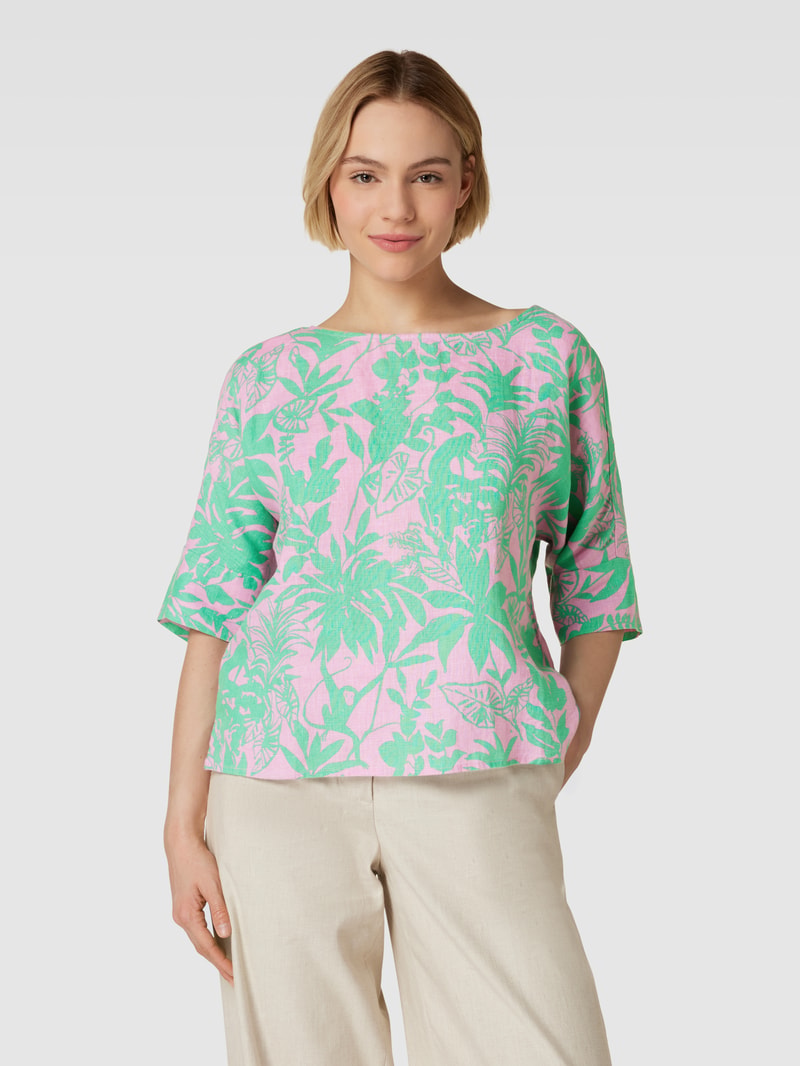 Blusenshirt aus Leinen mit Allover-Motiv-Print in dunkelgrün
