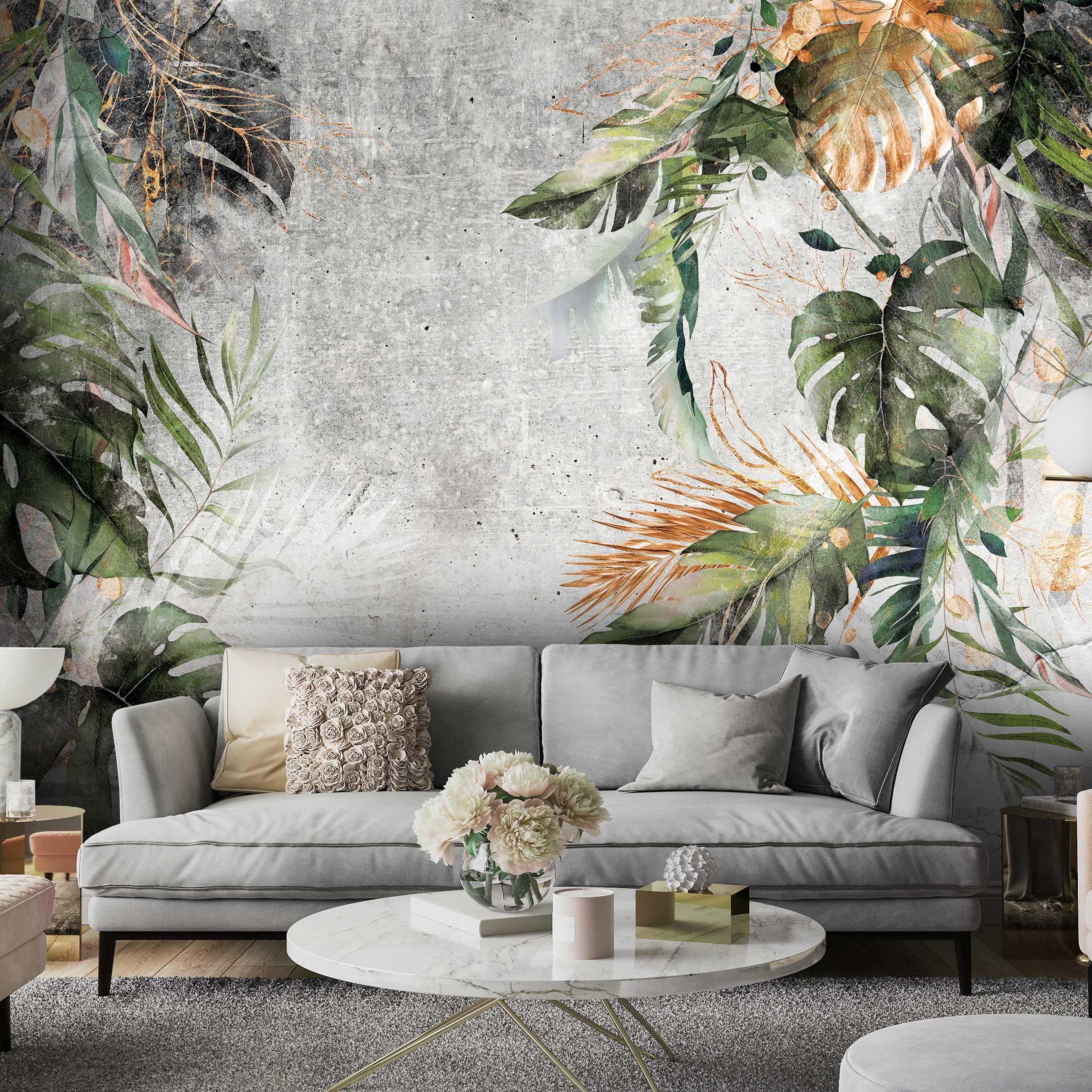 Wallarena Fototapete Blätter Beton Pflanzen Vintage Vlies Tapete Wohnzimmer Schlafzimmer, Glatt, botanisch, Vliestapete inklusive Kleister