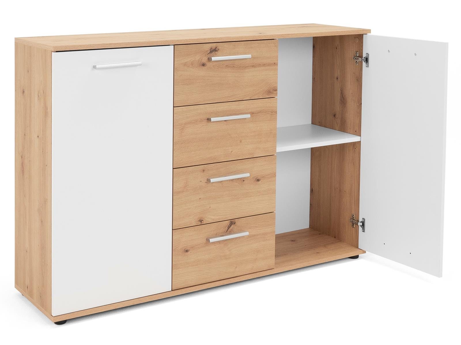möbelando Sideboard Jacklin, Modernes Sideboard aus Spanplatte in Artisan Eiche Nachbildung /Weiß mit 4 Schubkästen und 2 Türen dahinter je 1 Boden. Breite 120 cm, Höhe 85 cm, Tiefe 35 cm