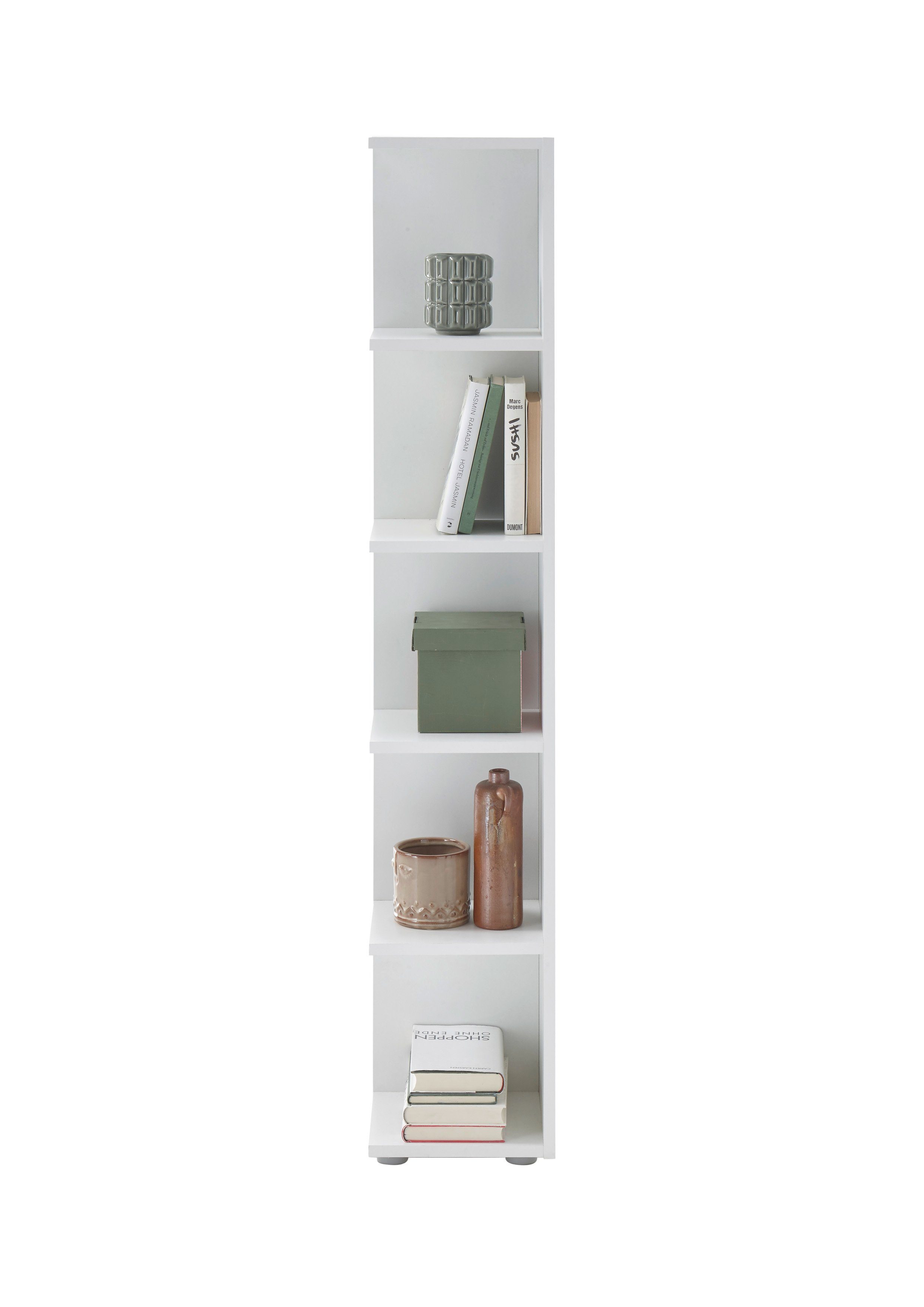 möbelando Eckregal Lasmos, Modernes Eckregal aus Spanplatte in Weiß mit 5 offenen Fächern. Breite 24 cm, Höhe 142 cm, Tiefe 26 cm