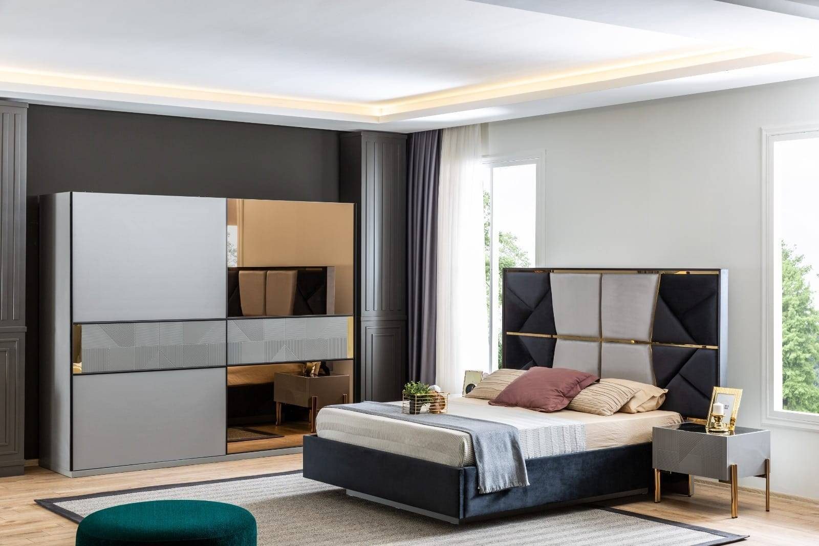JVmoebel Schlafzimmer-Set Modernes Schlafzimmer Set Designer Bett 2x Nachttische Kleiderschrank, (4-St., 1x Bett + 2x Nachttische + 1x Kleiderschrank), Made in Europa