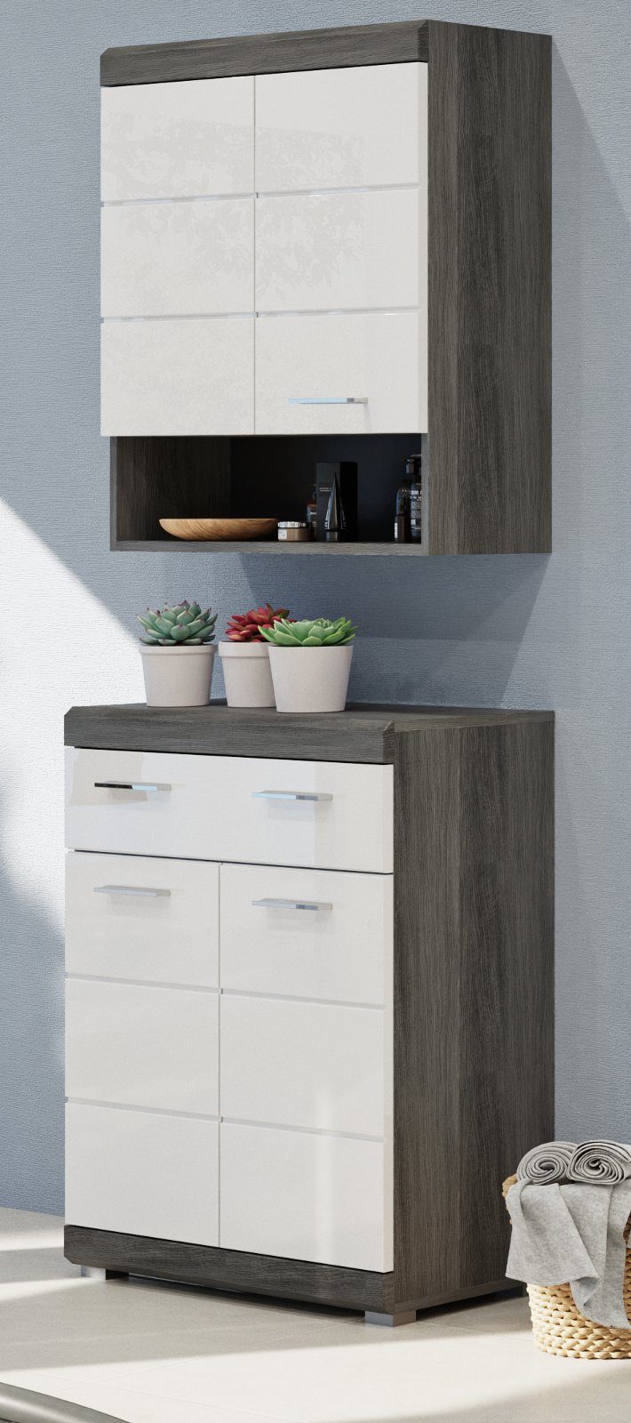 xonox.home Kommode Scout (Badschrank weiß und grau Rauchsilber, mit Auszug), 2-türig, Hochglanz