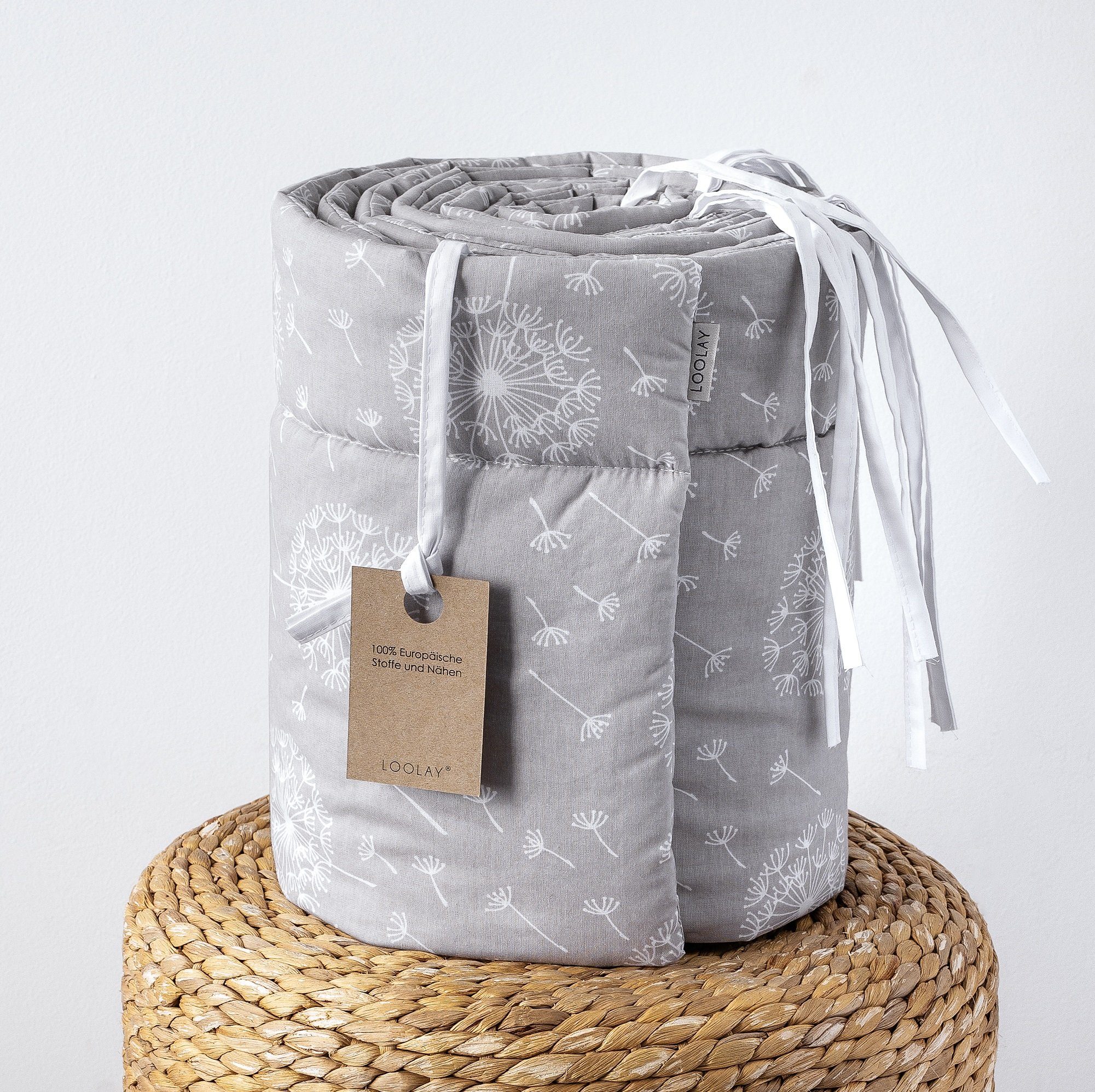 Loolay Bettnestchen GRAU WEIß Baumwolle BETTUMRANDUNG Babybett 420, 360, 210, 180 x 30cm, (Babynest Umrandung Kopfschutz Kantenschutz Baby, 100% Baumwolle Babybett Bettschutzgitter Umrandung), LOOLAY® - 100% Europäische Stoffe und Kleinserien-Nähen!