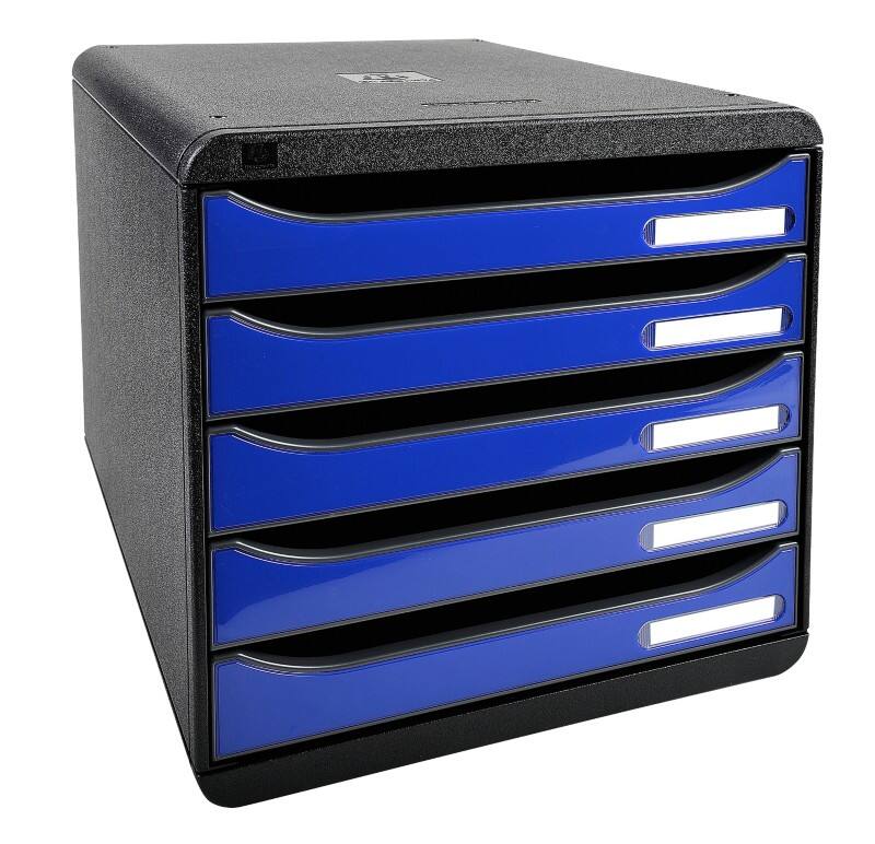 Exacompta Schubladenbox mit 5 Schubladen Big Box Plus Kunststoff Glänzendes Schwarz, Meeresblau 27,8 x 34,7 x 27,1 cm