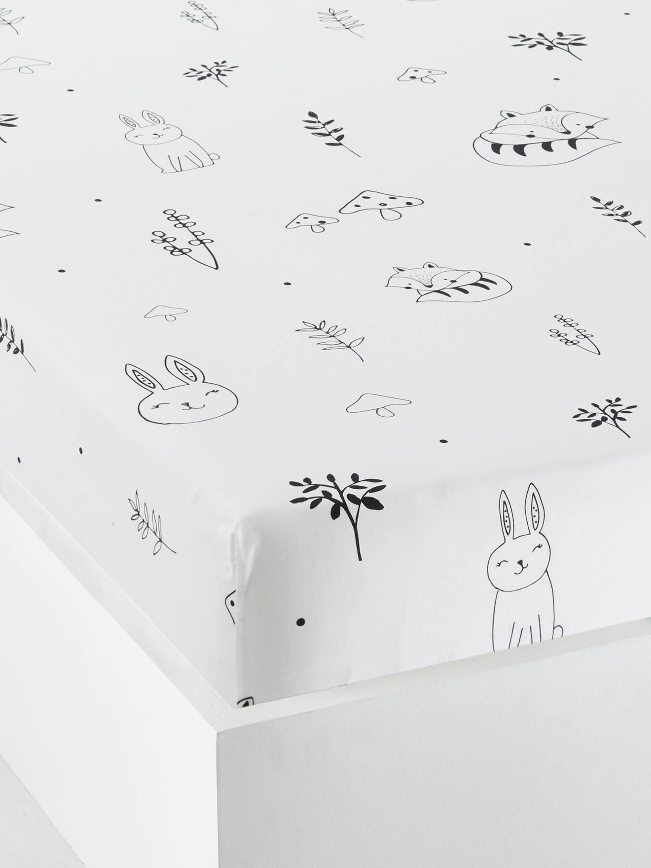 Drap housse bébé FORET MAGIQUE blanc / noir