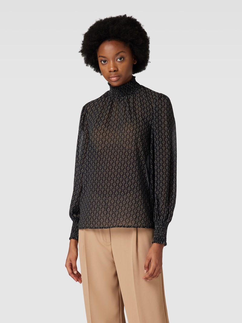 Bluse mit Stehkragen und Smok-Details in schwarz
