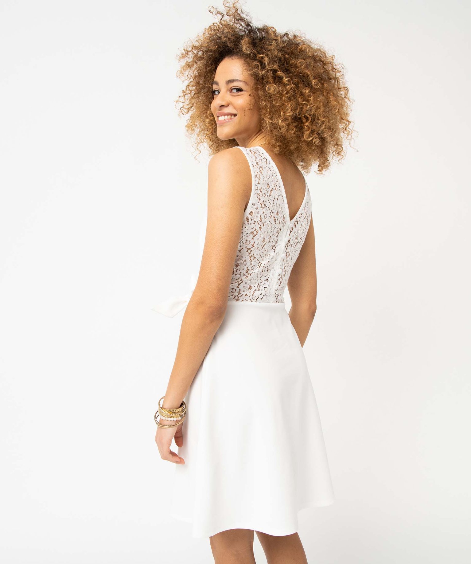 Robe femme avec décolleté cache-coeur et dos dentelle ecru | GEMO