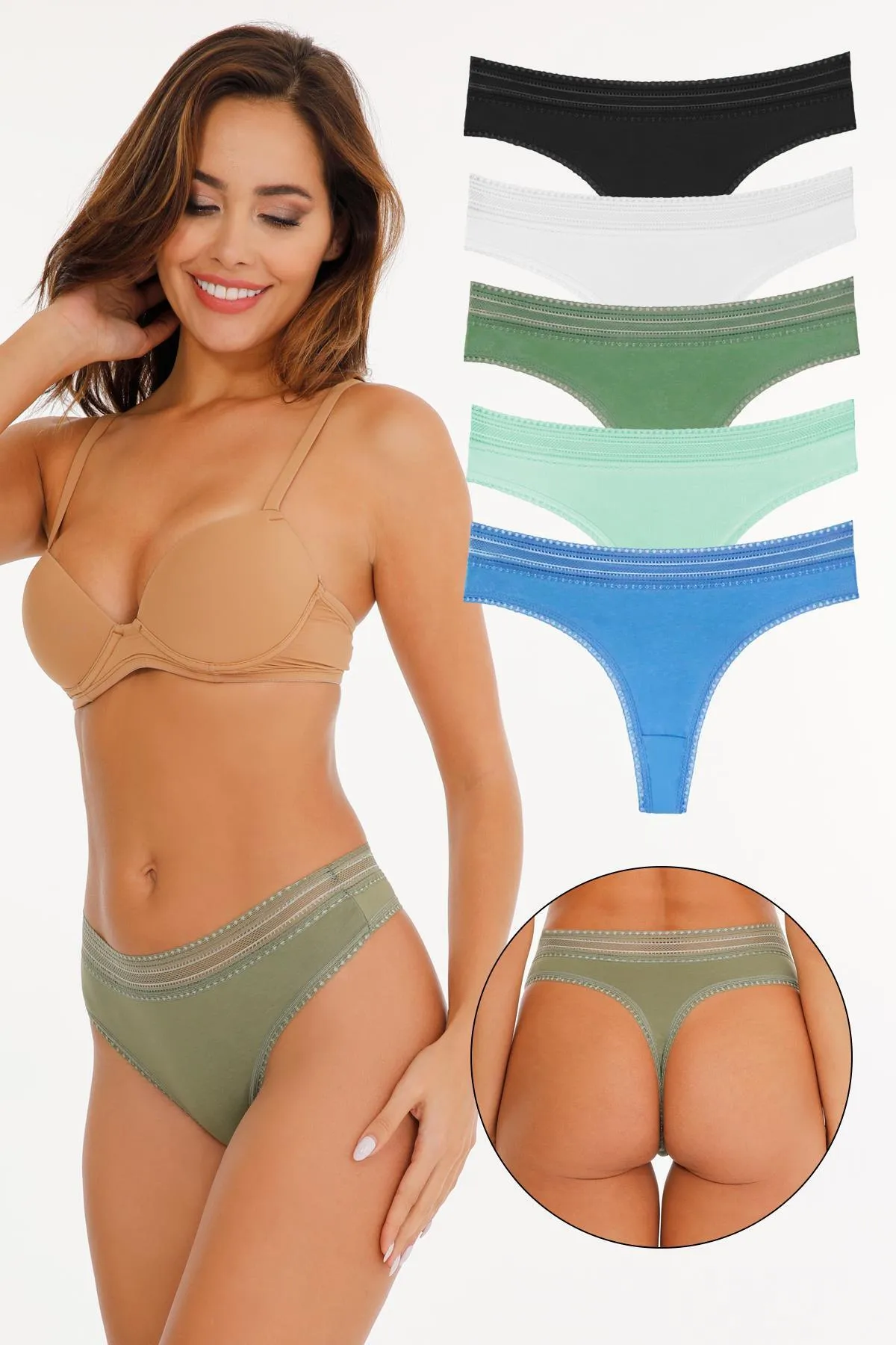 Sensu  Damen-Tangas aus elastischer Baumwolle mit Spitze, 5er-Pack-Set – Kts2082