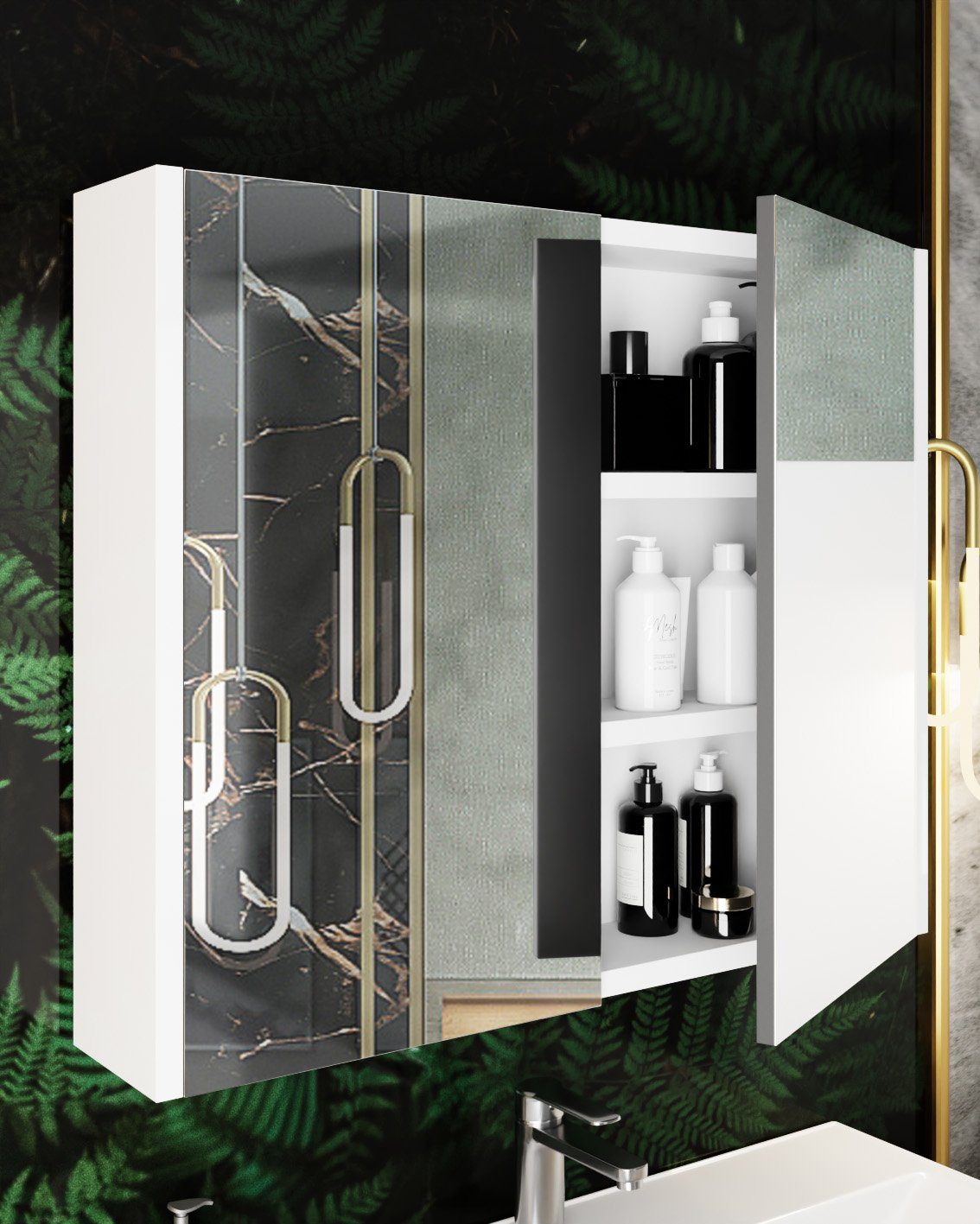 Karen Badmöbel-Set Arin, (Komplett-Set, 3-Teilig (Unterschrank, Spiegelschrank, Waschbecken), Unterschrank mit Türen, Spiegelschrank mit Türen & Regalen), Landhaus-Stil, Matt-PVC-Beschichtung, Softclose, Bügelgriffe
