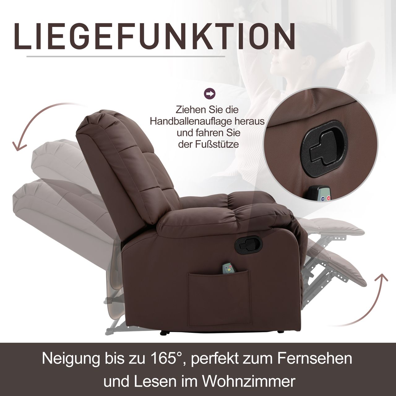 HOMCOM Massagesessel Fernsehsessel Elektrisch Relaxsessel mit Massagefunktion Kunstleder Holz Metall Schaumstoff Braun 94 x 99 x 99 cm