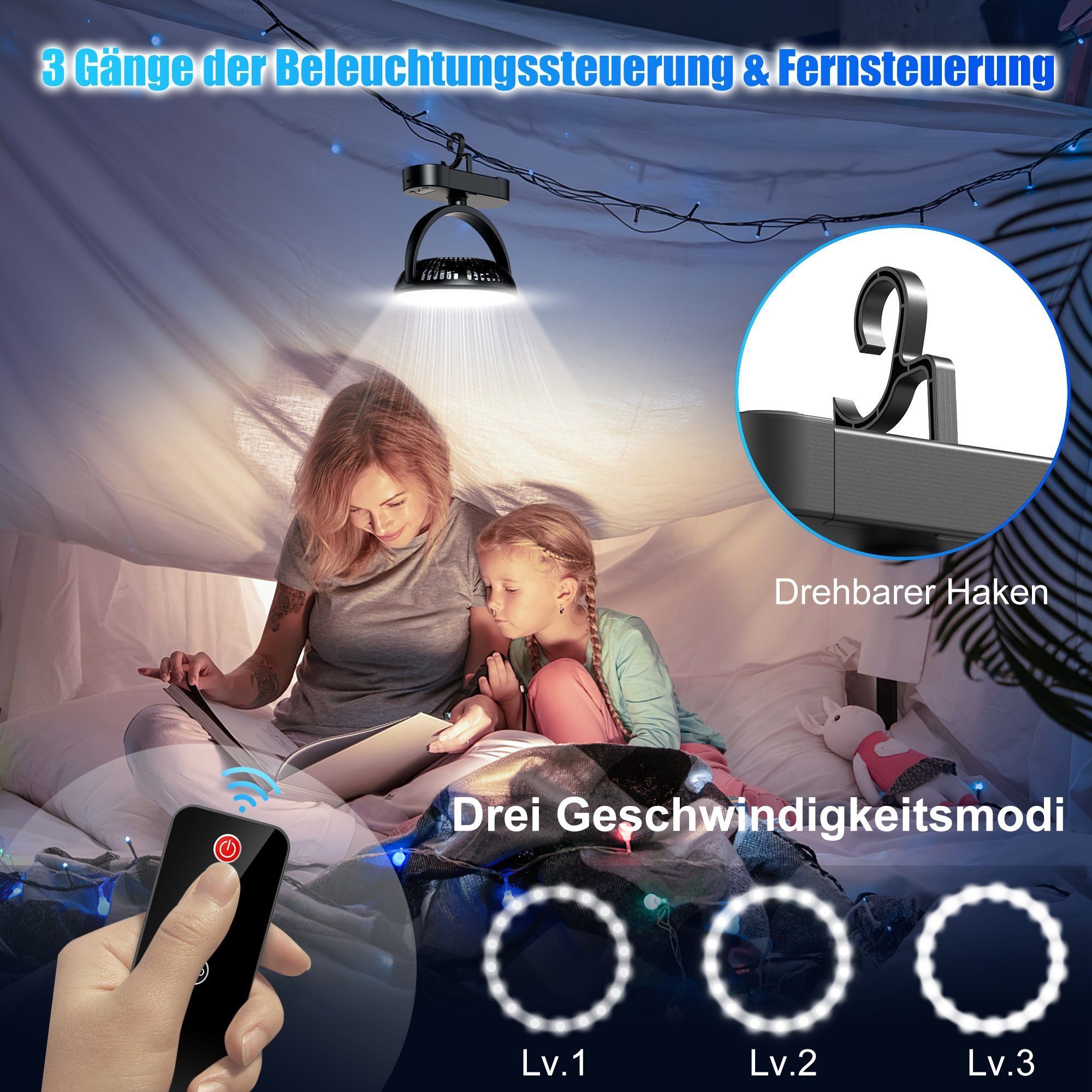Mutoy Mini USB-Ventilator Tischventilator Mini Ventilator 10000mAh, Tragbarer Mit Fernbedienung, 3 Speeds, Leise 270°Drehung für Auto Schlafzimmer Büro Camping Outdoor
