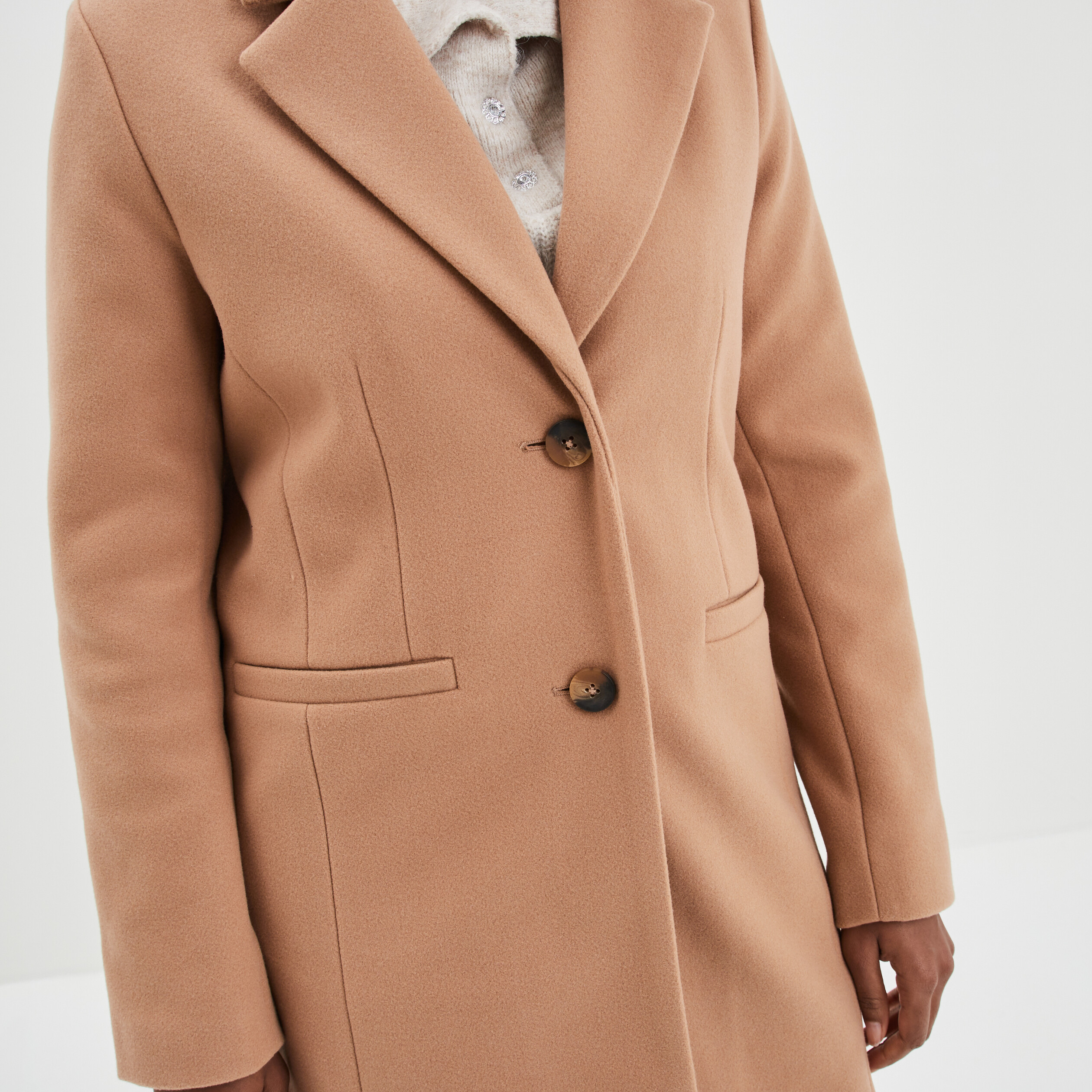 Manteau doublé long droit boutonné marron clair femme | La Halle