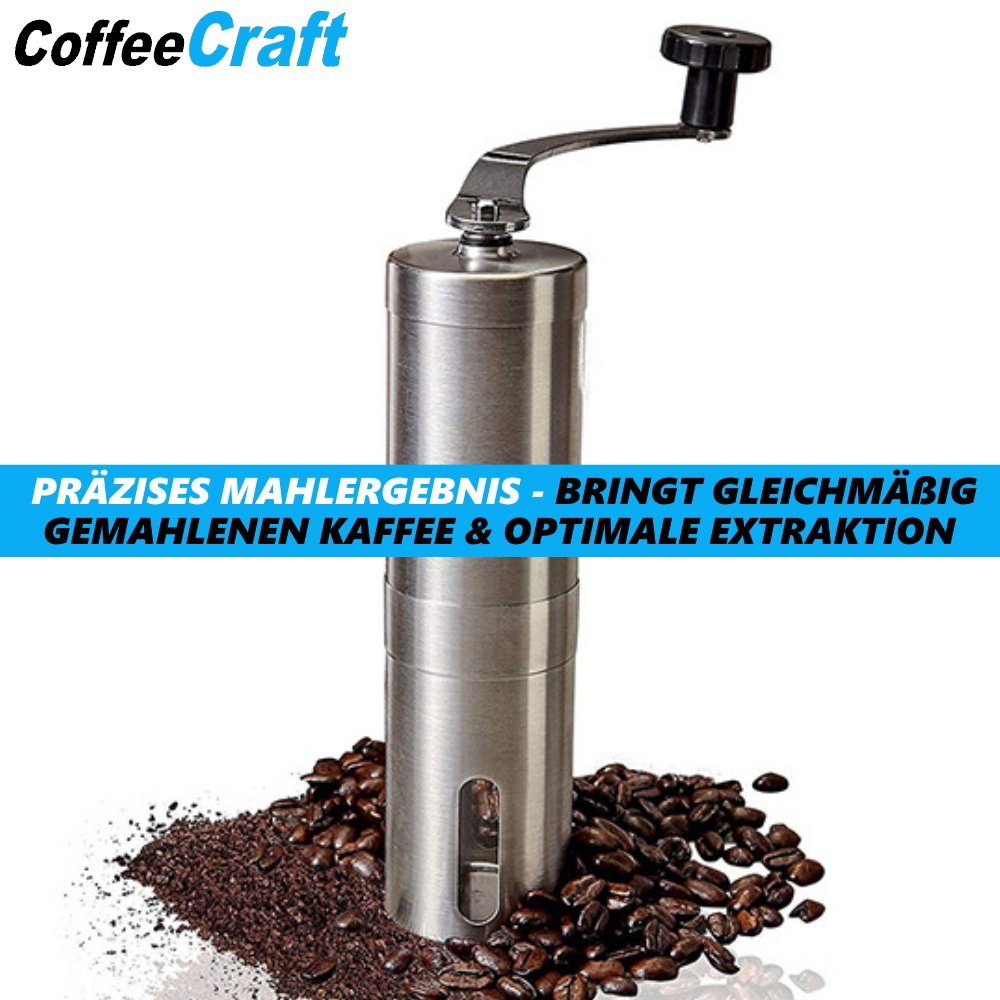 MAVURA Kaffeemühle CoffeeCraft Manuelle Kaffee Mühle Edelstahl Handkaffeemühle, mit Keramik-Mahlwerk Tragbar Silber