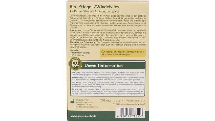 Bio-Pflege-/Windelvlies  70 Blatt