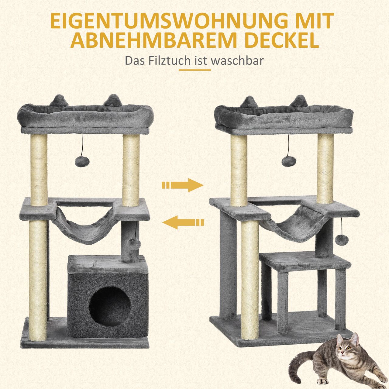 PawHut Katzenbaum 90 cm Kratzbaum mit Hängematte Katzenkratzbaum Plüsch Sisal
