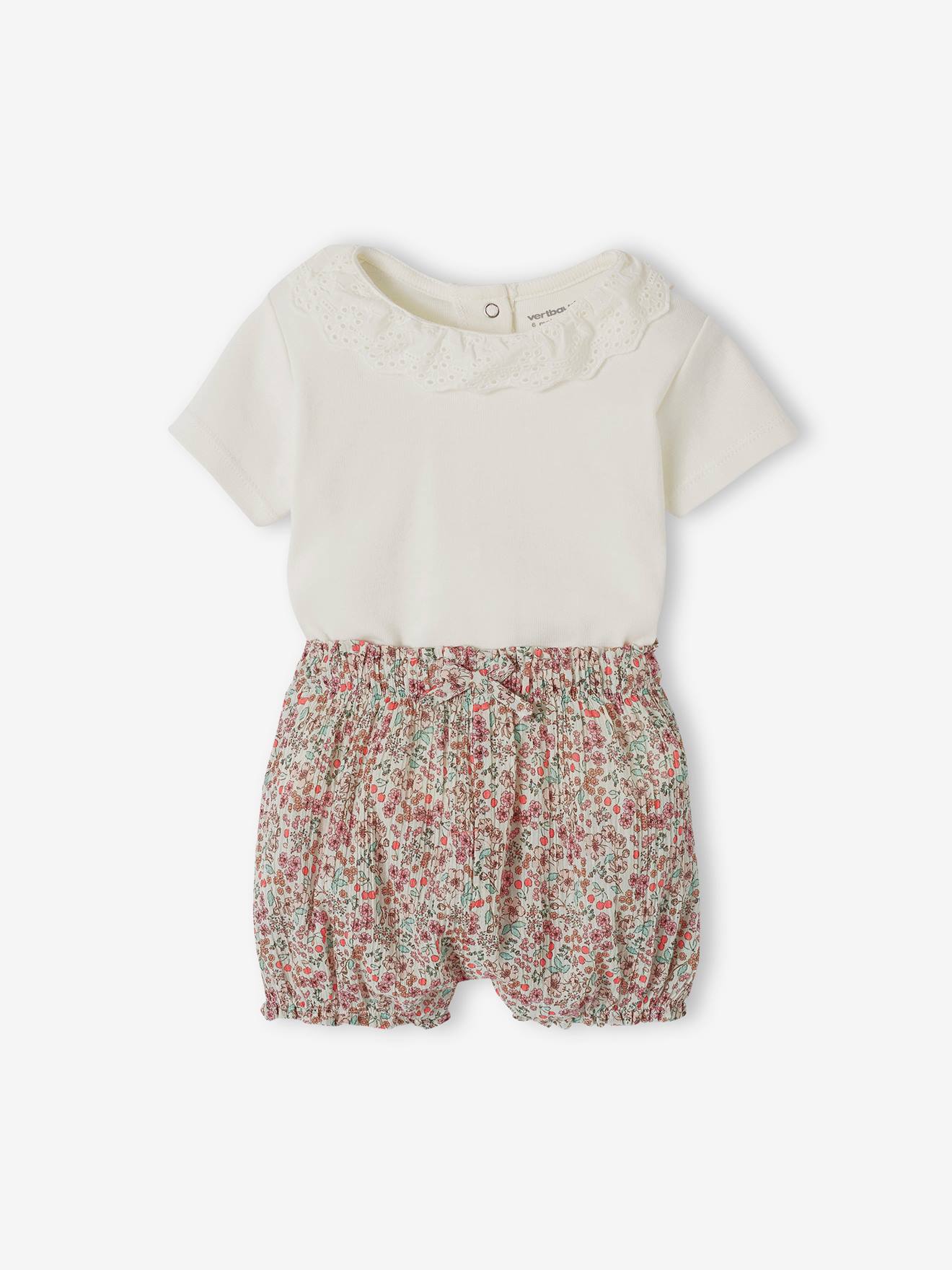 Vertbaudet Baby-Set: T-Shirt mit Kragen & geblümte Shorts, personalisierbar - wollweiß