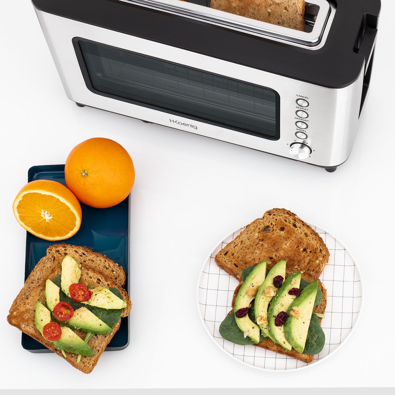H.Koenig VIEW7 / Vintage-Edelstahl / 2 Scheiben / 6 Bräunungsstufen/Auftaufunktion/Brötchen, Toast/einfache Reinigung / 1200 W, Glas, 37x19x15 cm