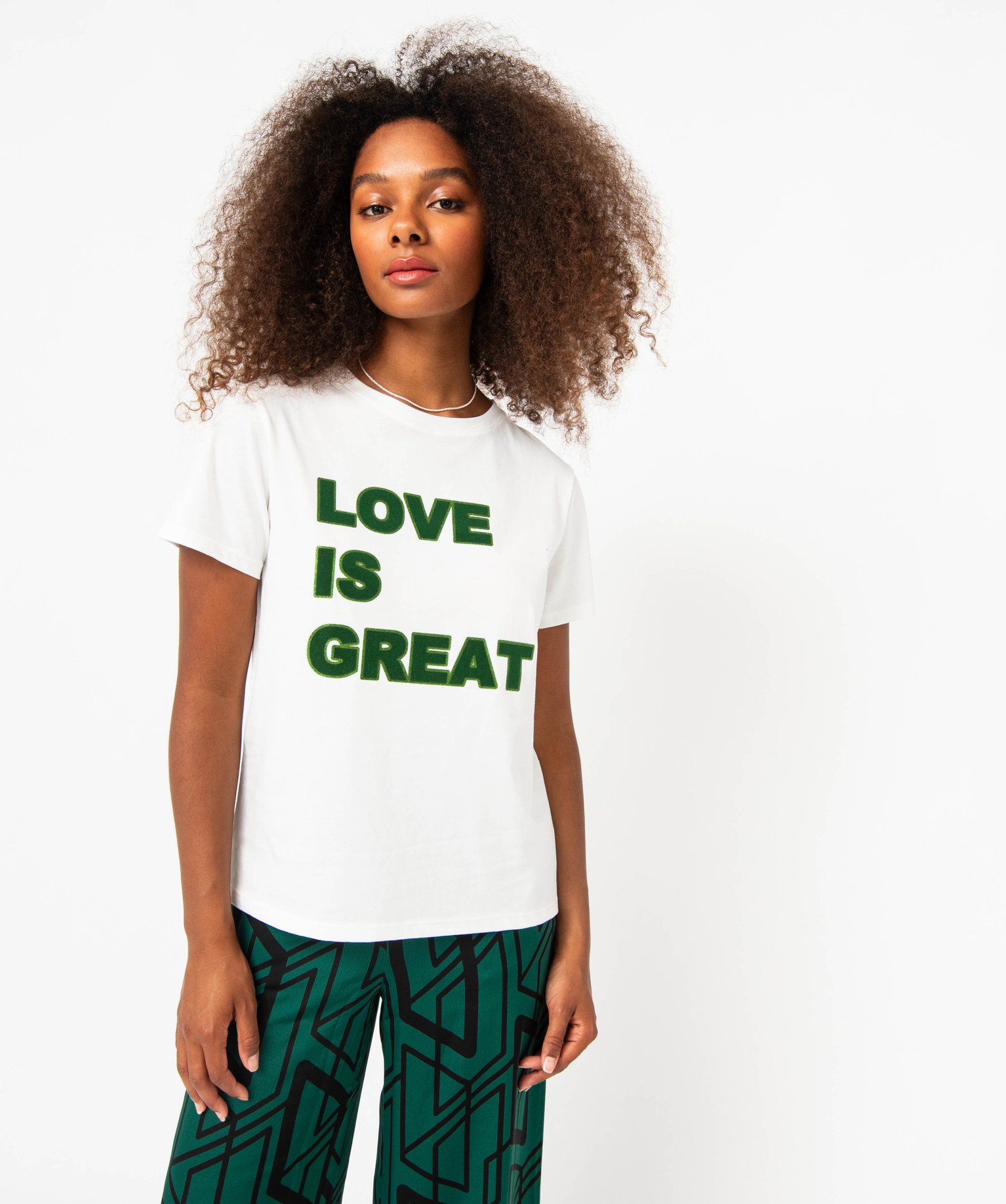 Tee-shirt à manches courtes avec inscription pailletée femme blanc | GEMO