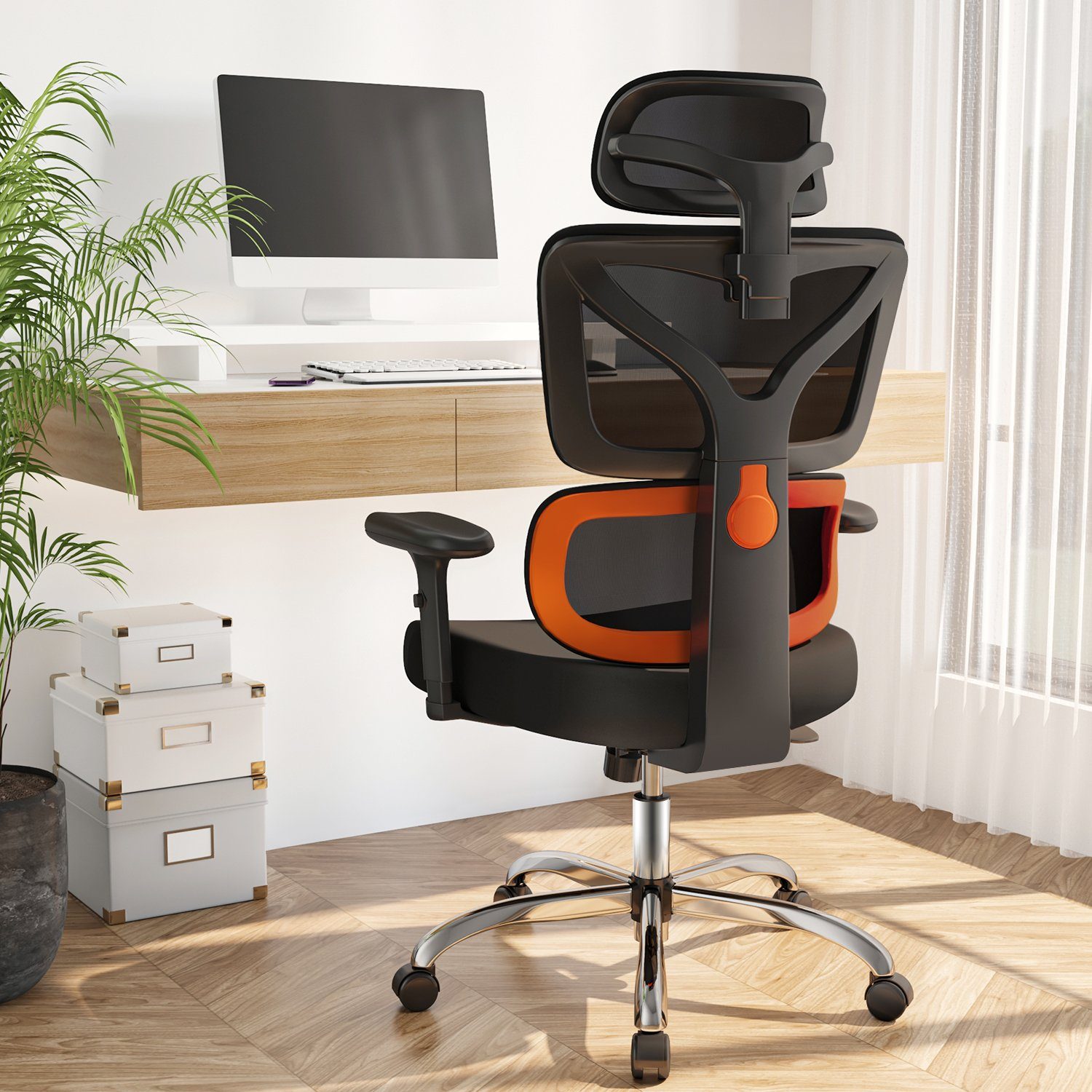 Authmic Bürostuhl Bürostuhl, Drehstuhl, Schreibtischstuhl, Chefsessel, (Bürostuhl ergonomisch mit verstellbarer Kopfstutze, Armlehnen, Lendenwirbelstutze, Atmungsaktiver Netzstuhl, Wippfunktion von 90° bis 135°, Bürostuhl 150kg)
