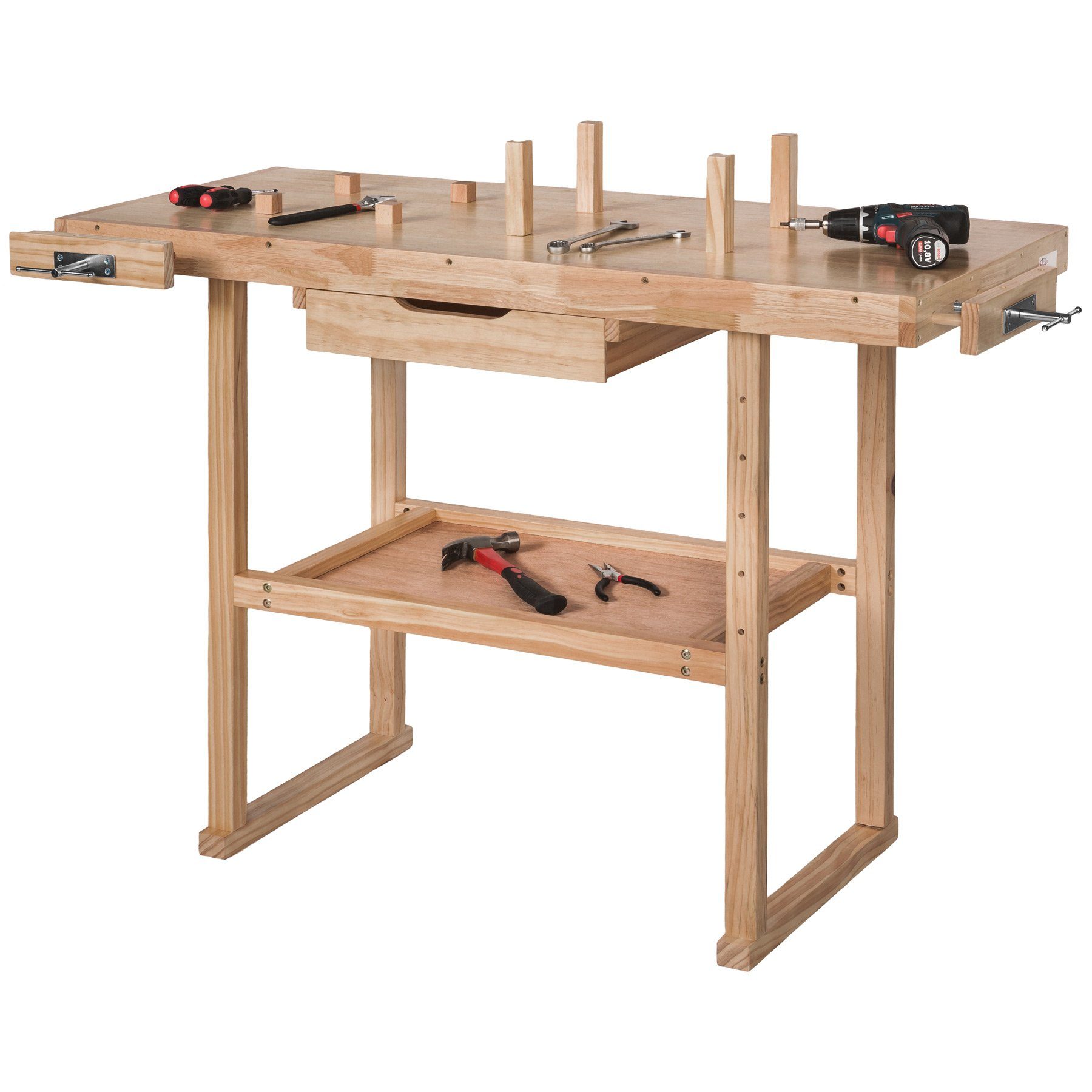 tectake Werkbank Holz Werkbank mit 2 Schraubstöcken 117 x 47,5 x