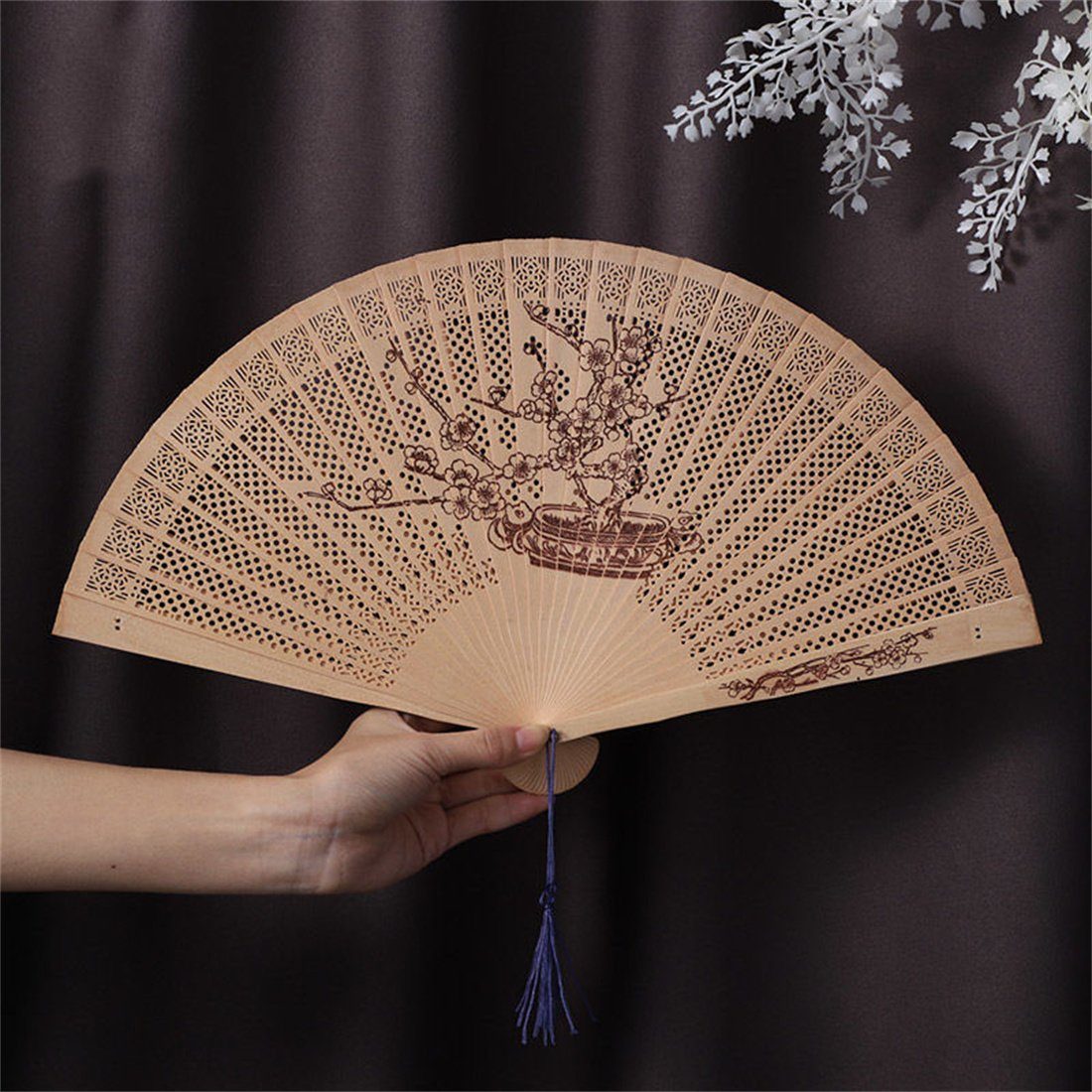 DÖRÖY Handfächer Pflaumenblüten-Handfächer, Holz-Klappfächer, Klassischer Tanzfächer