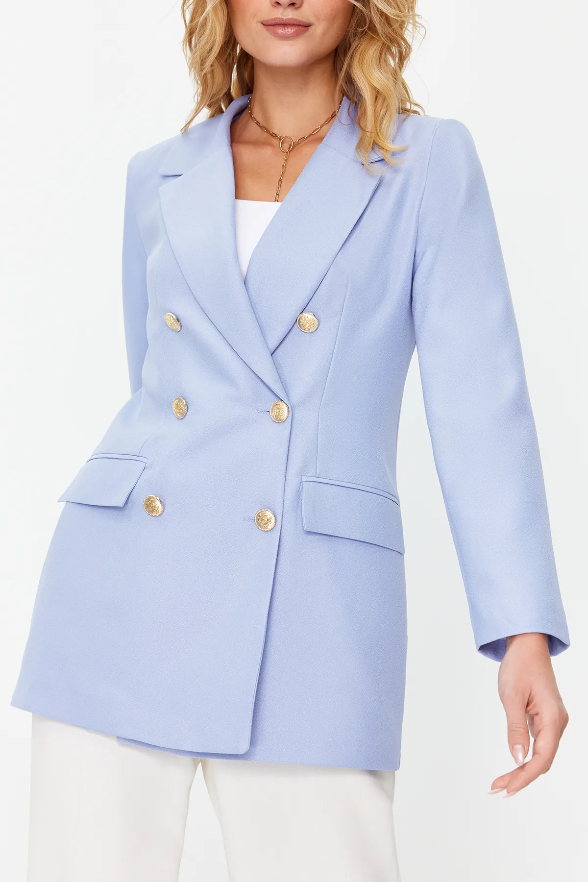Trendyol Collection  Hellblaue, übergroße, gefütterte, zweireihige, gewebte Blazerjacke TWOSS20CE0024