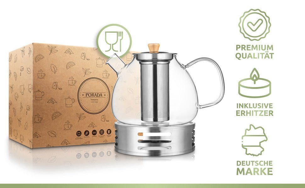 PORADA Teekanne Teekanne aus Glas 1000 ml Edelstahl Erhitzer Teesieb, Tee Teekocher, 1 l, (Set, x1 Tekanne 1000ml, x1 Erhitzer, x1 Teesieb, x1 Deckel), handarbeit, extra Erhitzer, Stövchen, Edelstahl, Borosilikatglas