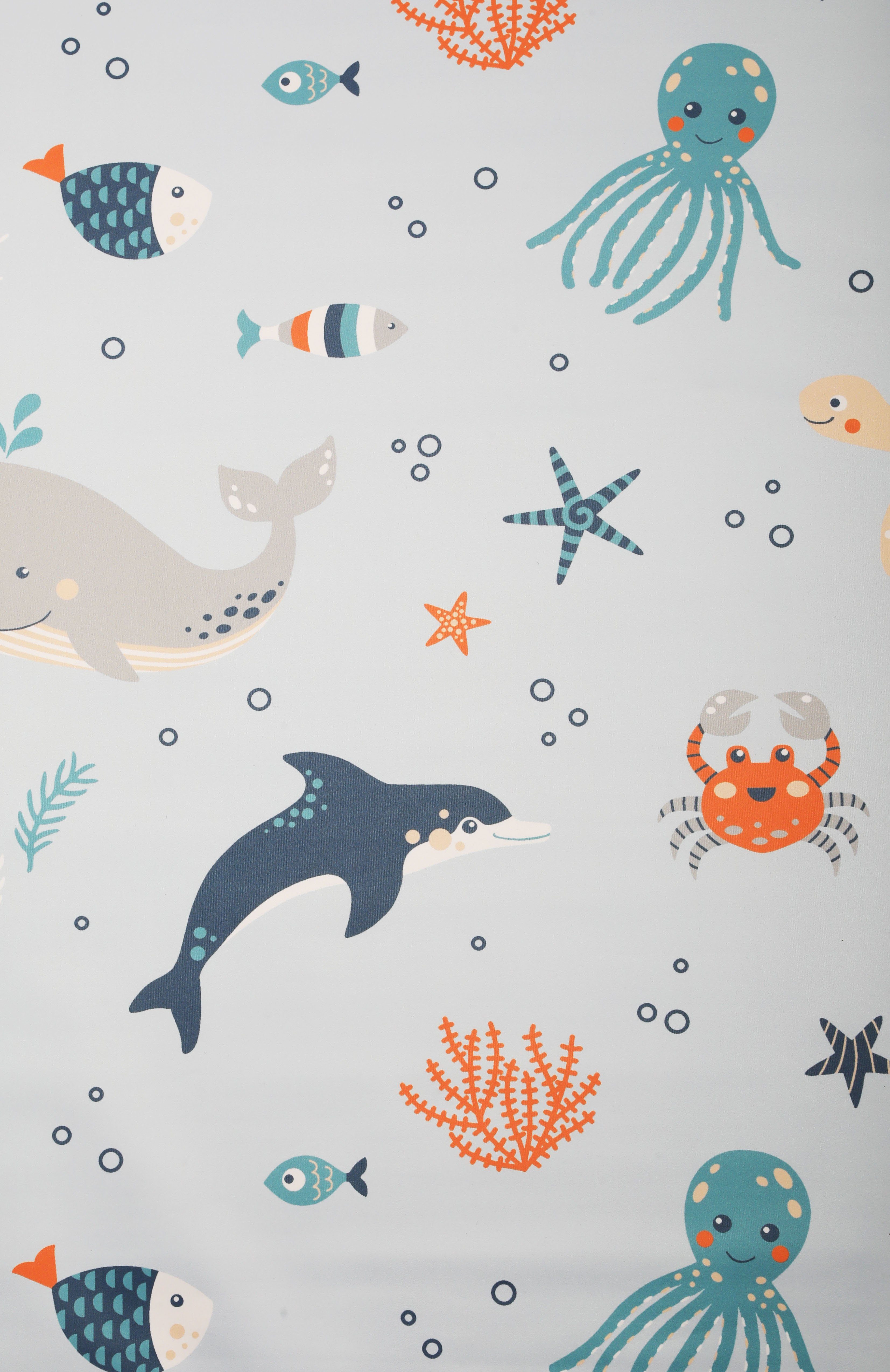 Rollo Ocean, Lüttenhütt, verdunkelnd, ohne Bohren, freihängend, Klemmfix, Fixmaß, Klemmfix, Meer, Tiere, Kinderrollo