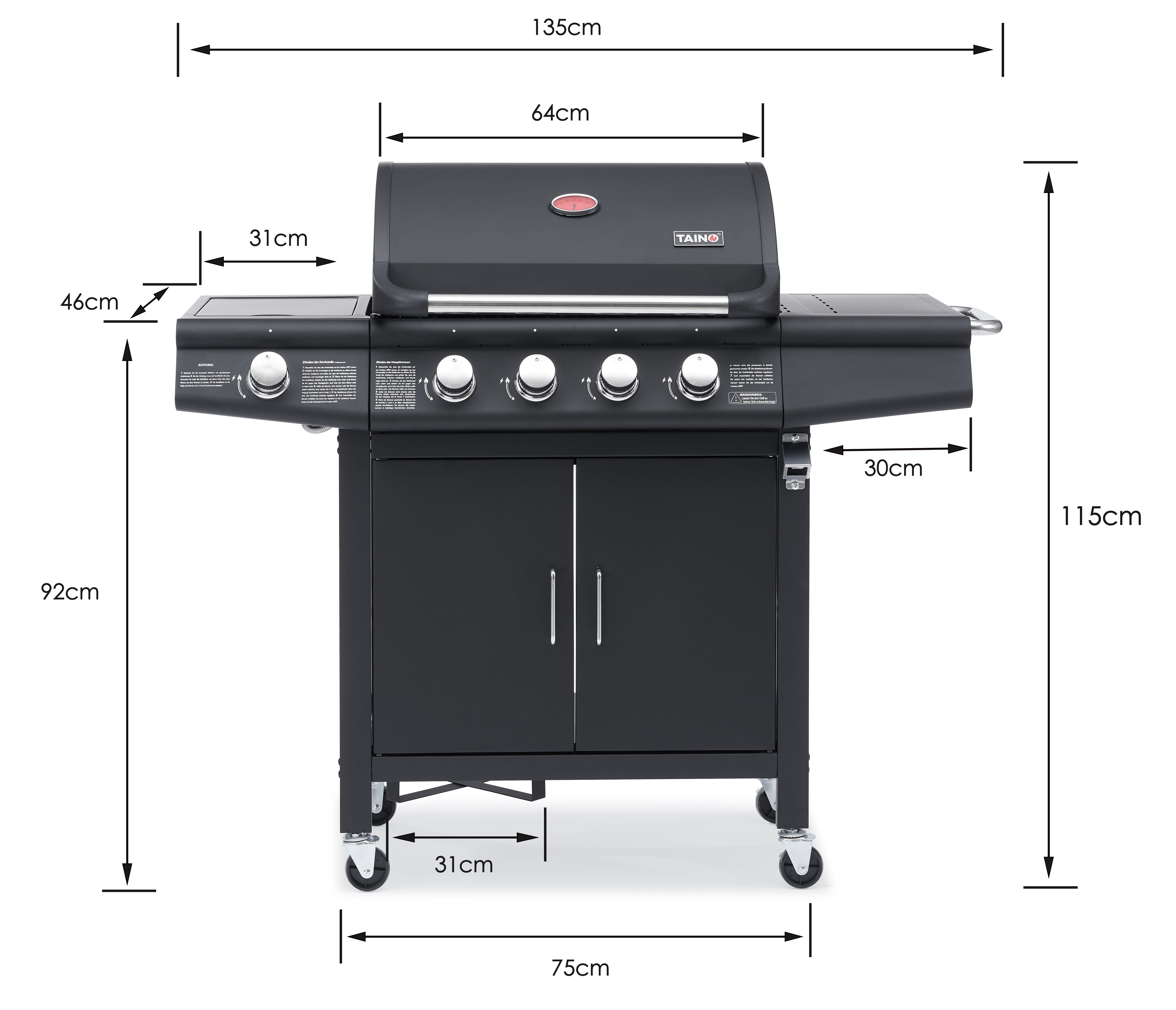 TAINO Gasgrill RED 4 +1, Gasgrill inkl. Abdeckhaube und Gasdruckminderer mit Schlauch, Standgrill, Edelstahl-Brenner, Gas-Flaschenhalter