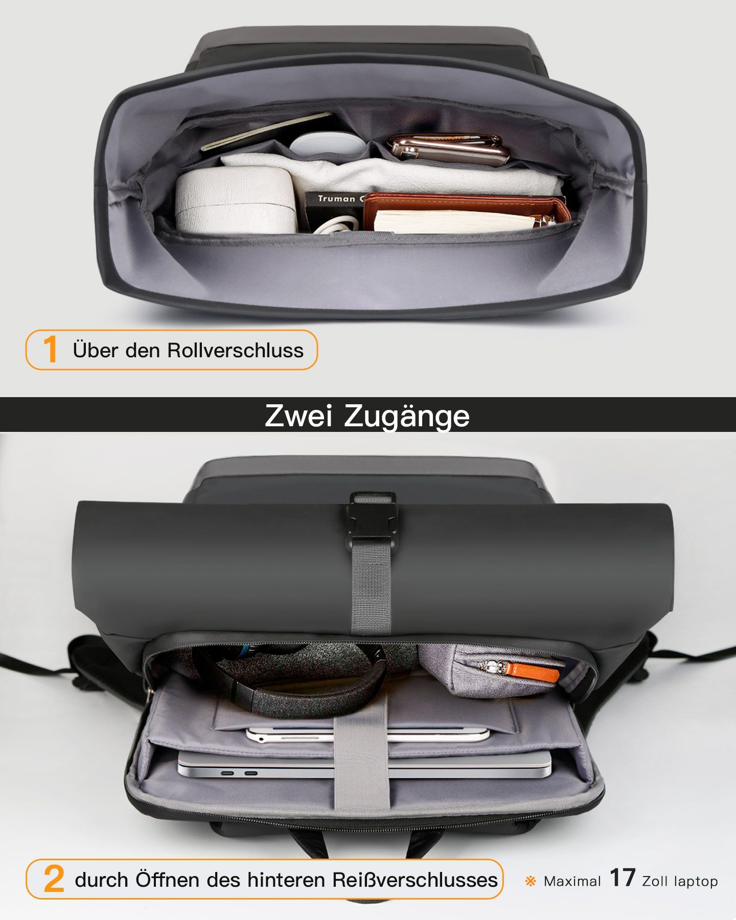 Inateck Laptoprucksack RollTop Rucksack Herren Damen 25L-30L Schulrucksack
