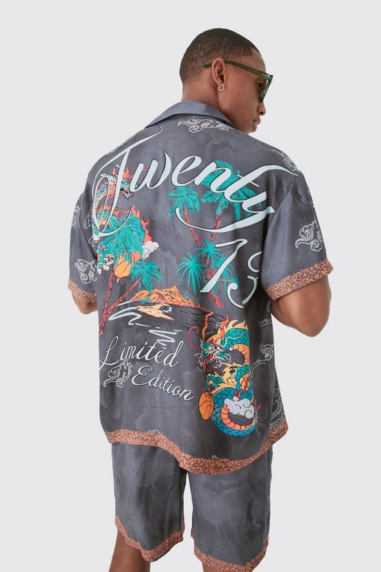 Kastiges Viskose-Hemd und Shorts mit Drachen-Print