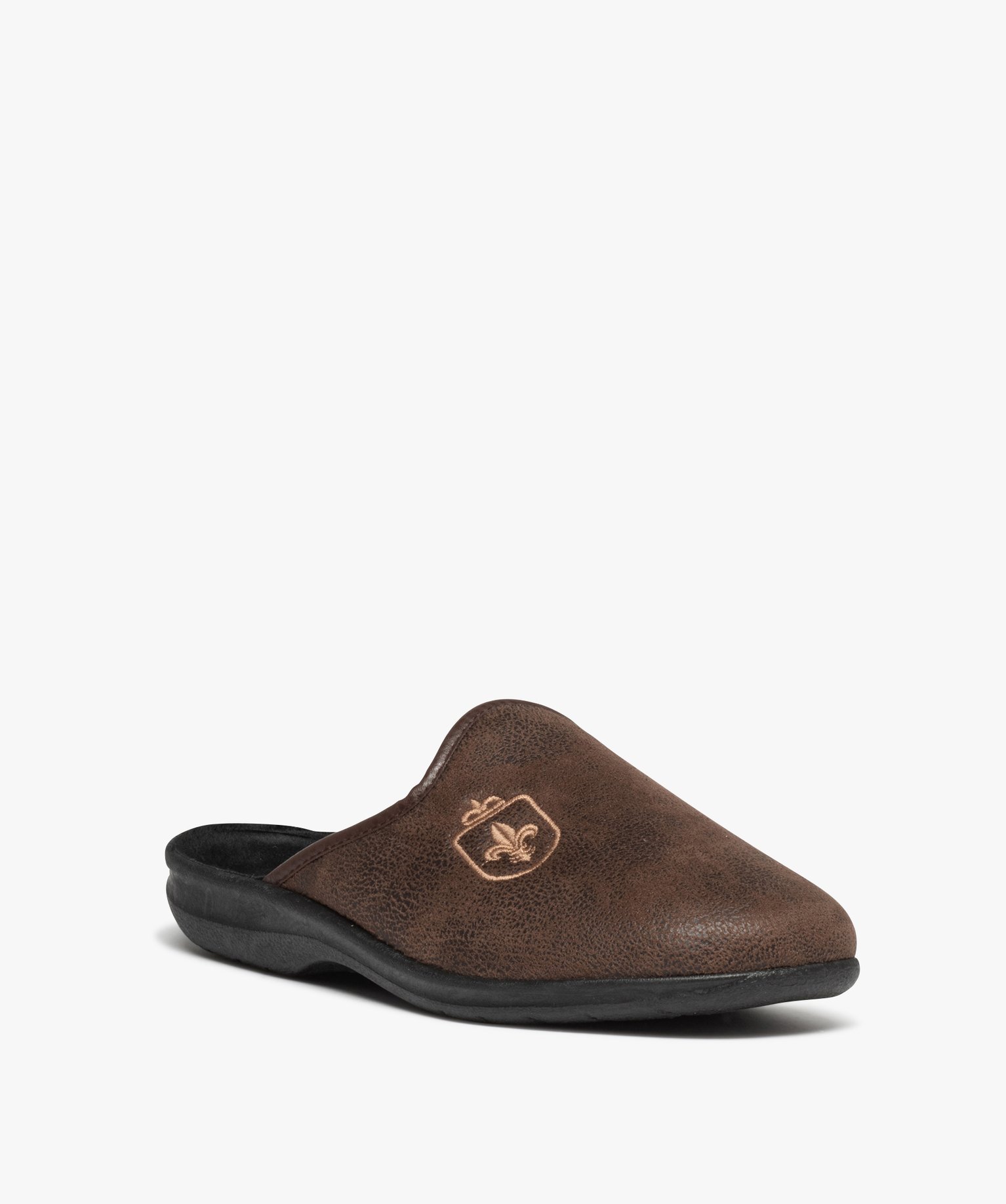 Chaussons homme mules dessus cuir imitation avec fleur de lys marron | GEMO