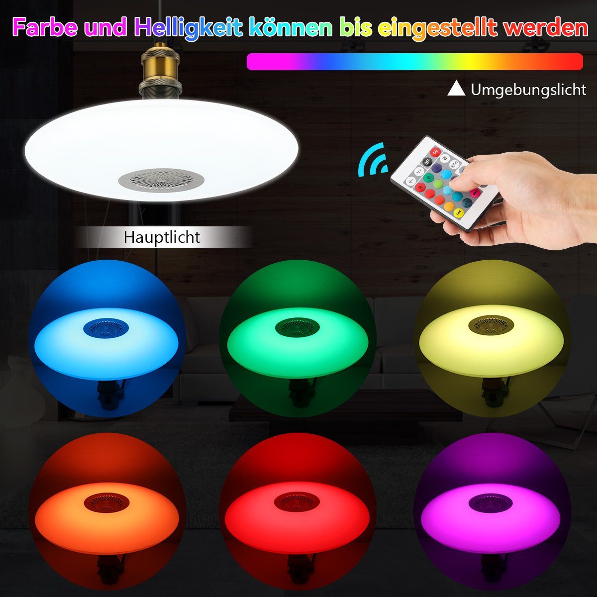 oyajia Deckenleuchte 48W E27 LED Deckenlampe mit Bluetooth Lautsprecher, mit Fernbedienung, LED fest integriert, RGB, Dimmbar LED RGB Lampe Leuchtmittel, für Home Stage Party Weihnachtsdeko