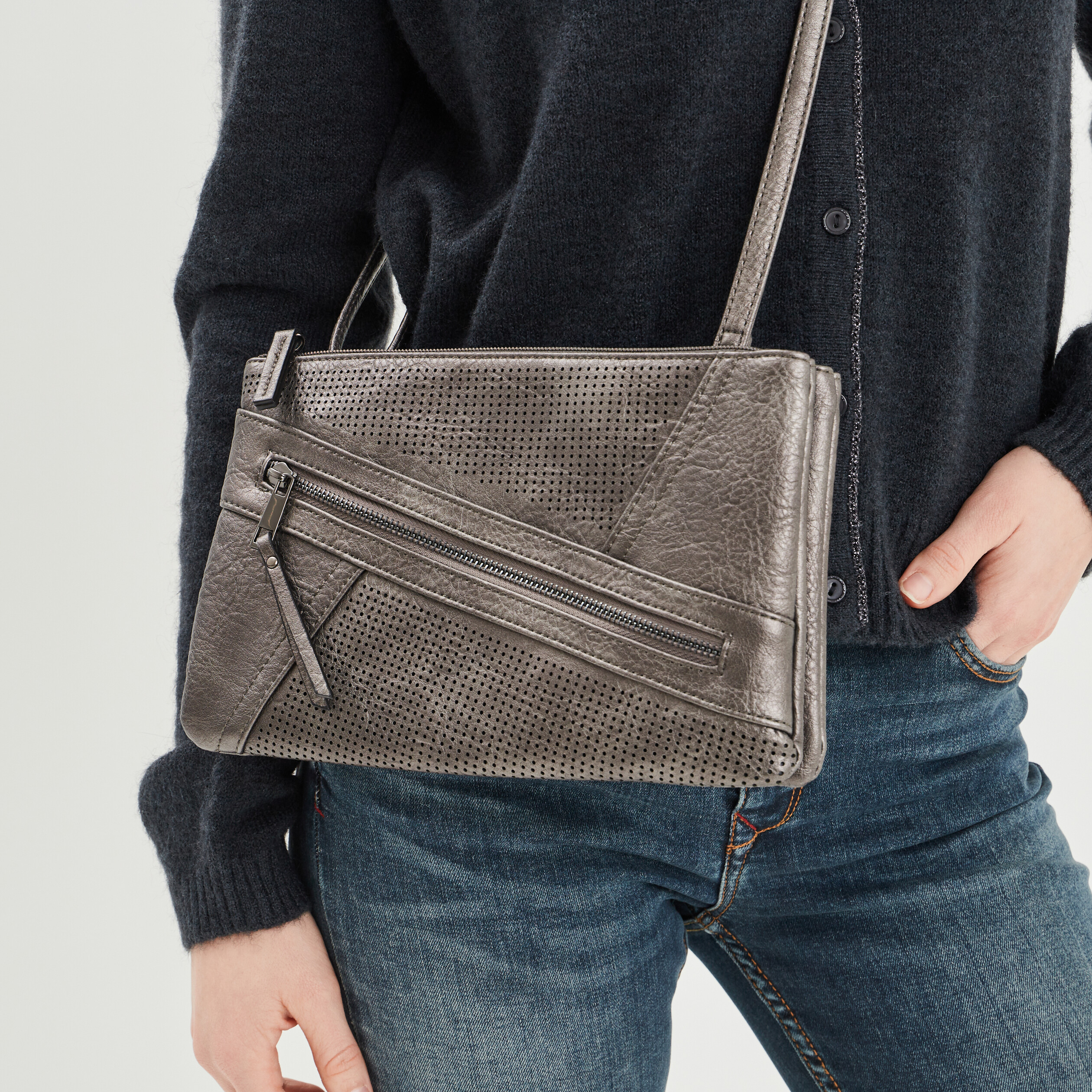 Sac bandoulière métallisé gris foncé femme | La Halle