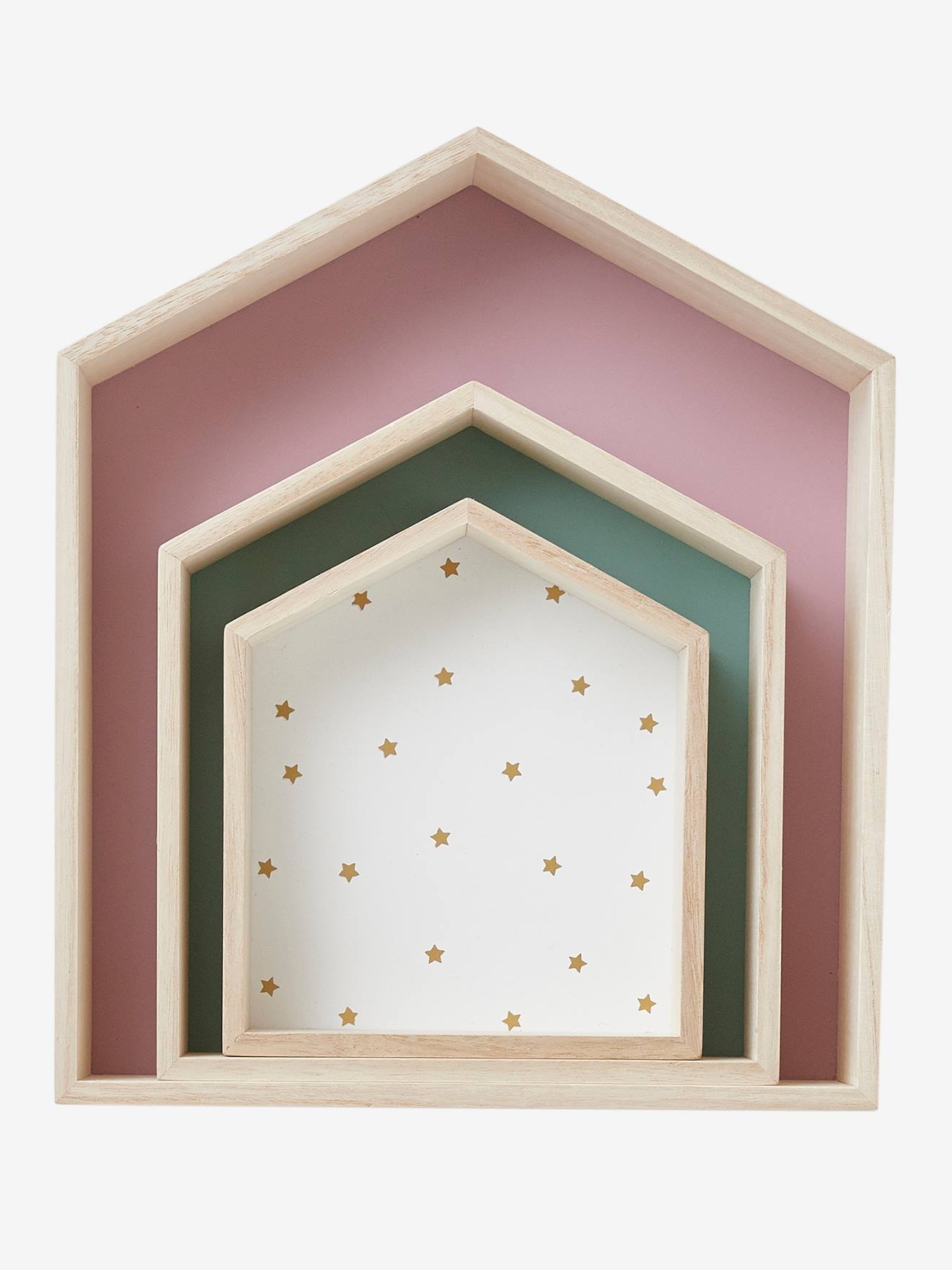 Lot de 3 étagères maison bois rose