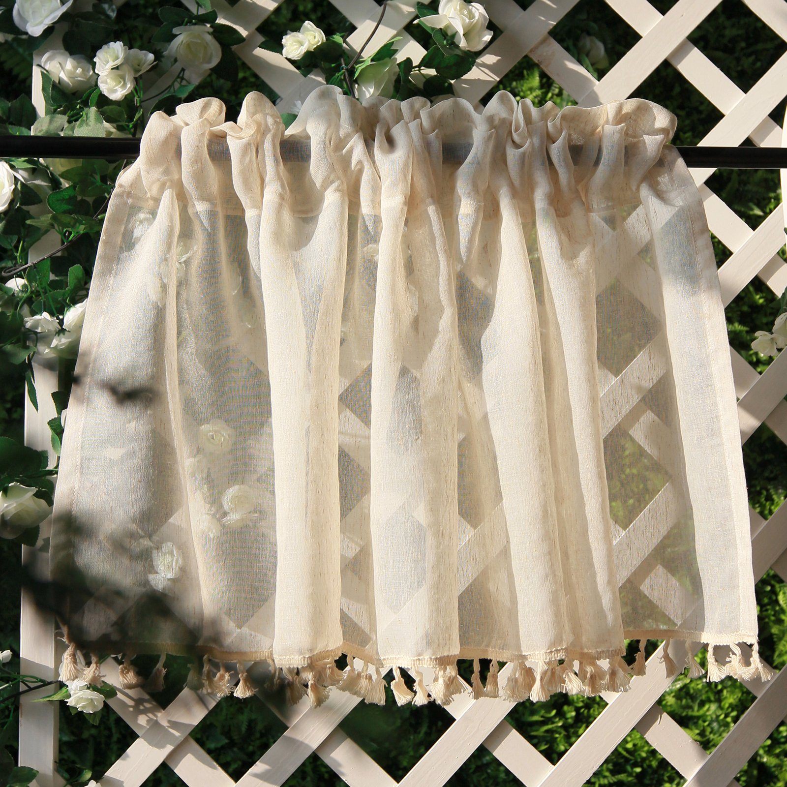 Scheibengardine Vorhang Leinen,Kurze Scheibengardine mit Quasten, BTTO, (2 St), transparent, Beige,durchsichtig,für Küche Wohnzimmer Schlafzimmer, bistrogardine
