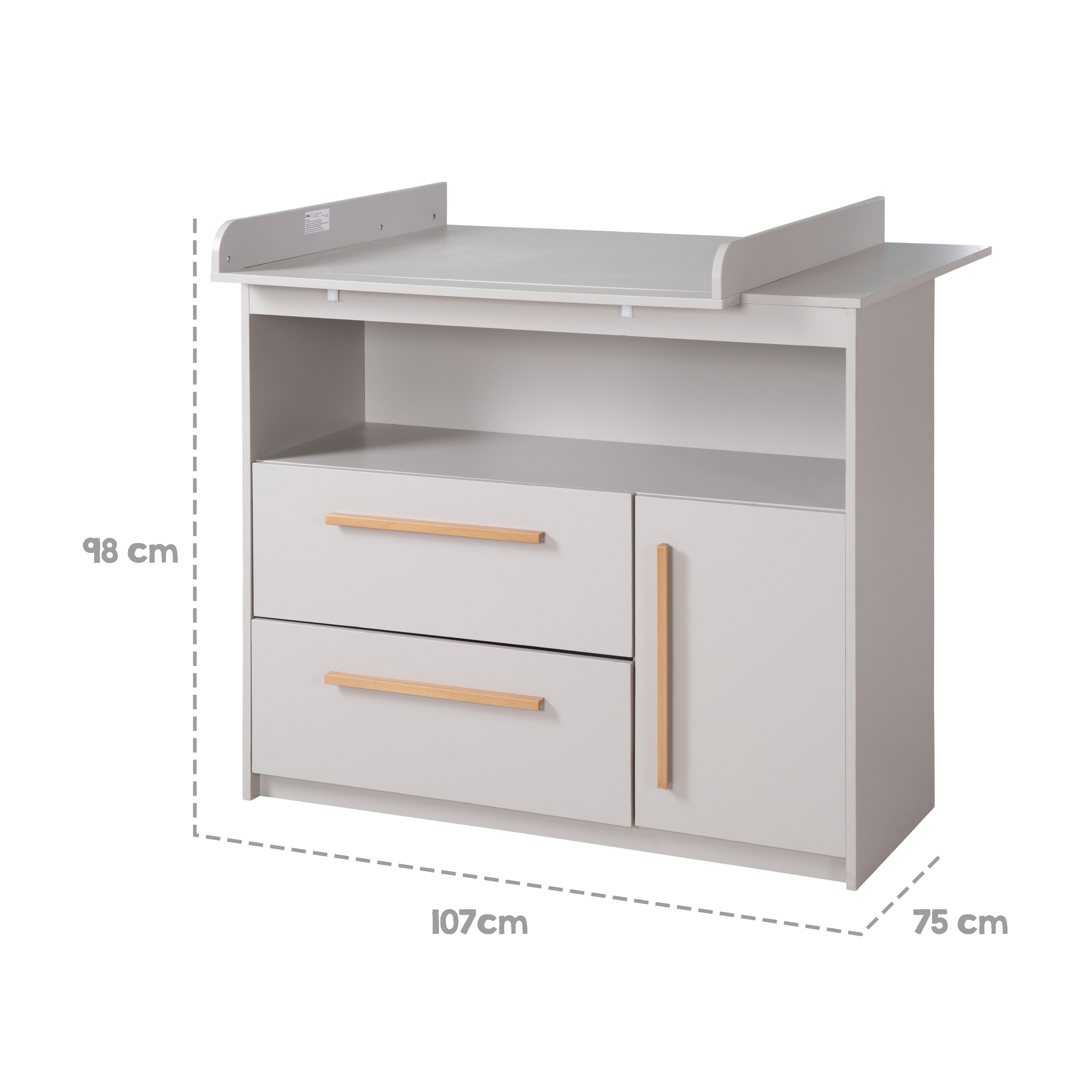 roba® Wickelkommode Lea, Wickeltisch aus Holz, Grau/Beige lackiert, inkl. abnehmbarem Wickelaufsatz - 2 Schubladen, 1 Tür, 1 offenes Fach